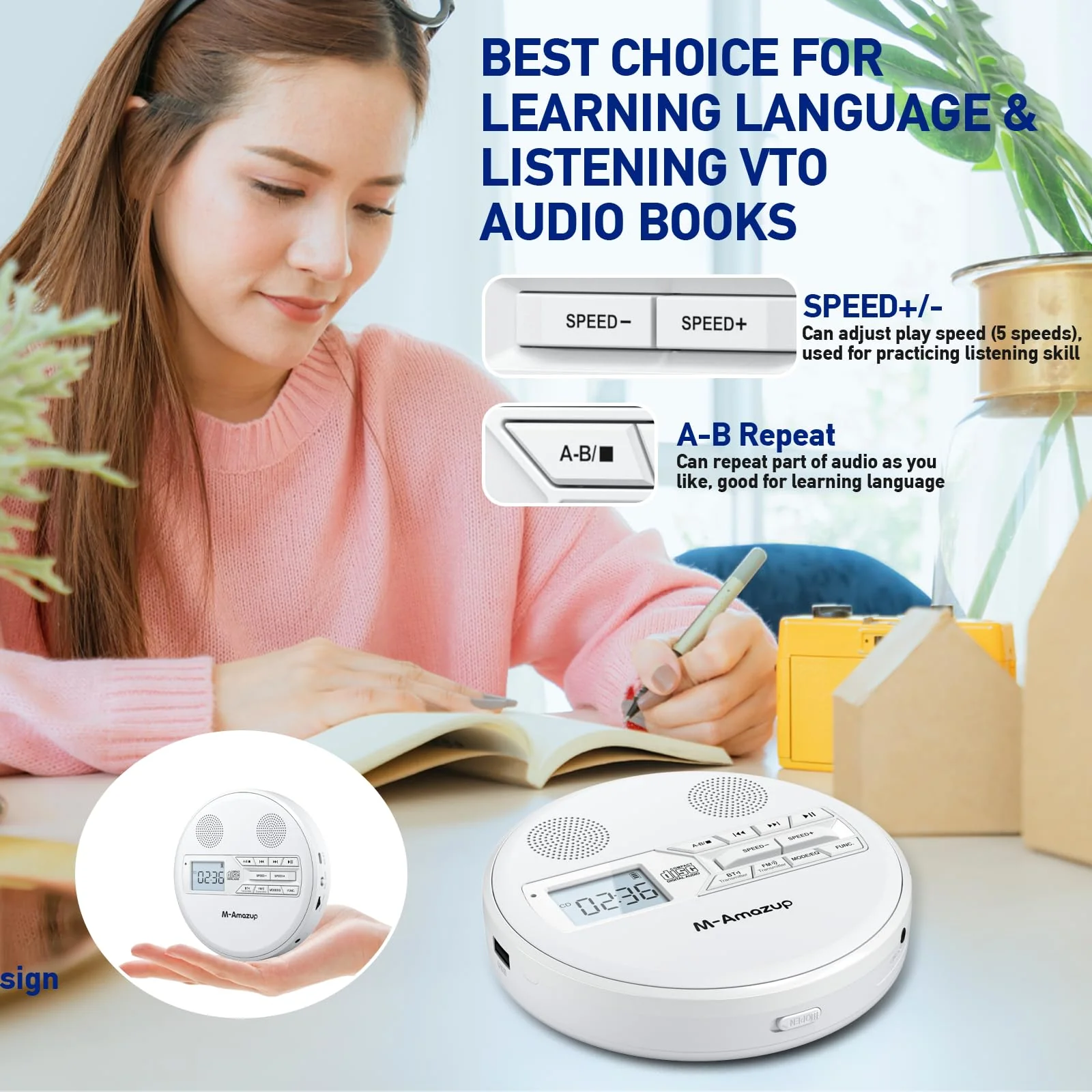 CD Player Portable, Rechargeable Portable CD Player with Dual Speakers and Anti Skip,CD,Dual Bluetooth,FM Transmission,USB,AUX,LCD Display,Sensitive Button,Repeat,10 Speeds for Home Car White - Image 5