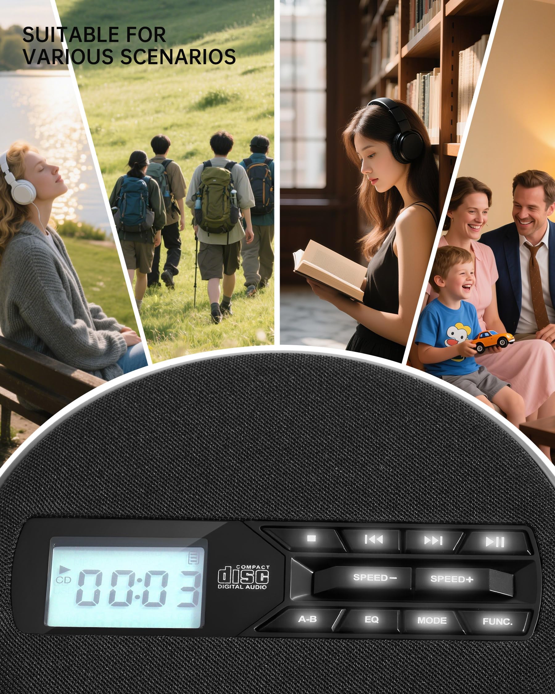 CD Player Portable with Speakers - Rechargeable Personal CD Player for Car and Home, Small Fabric Music Player with Backlit Display, Anti-Skip, AUX/USB Port - Ideal for Audiobooks & Gifts Black - Image 5