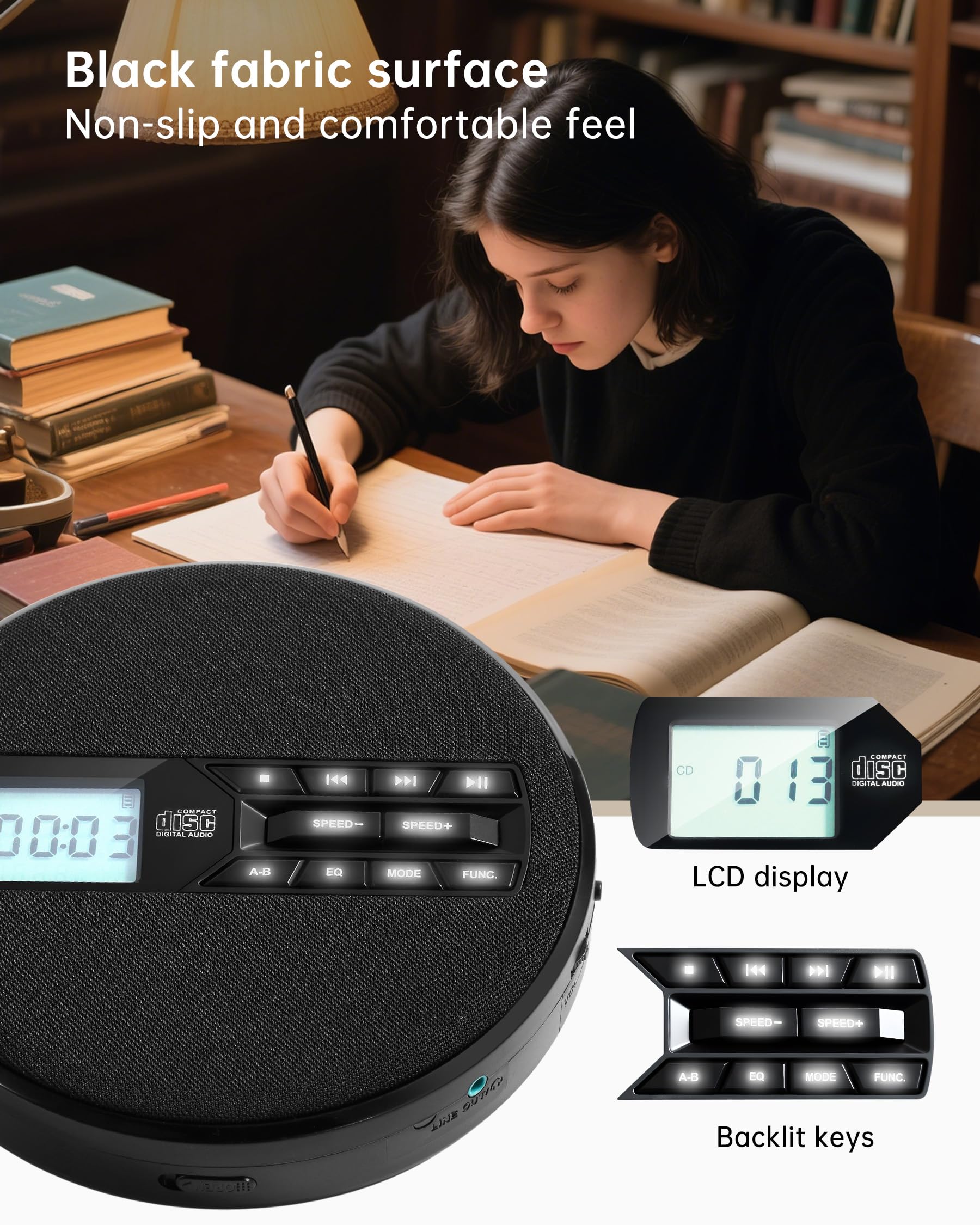 CD Player Portable with Speakers - Rechargeable Personal CD Player for Car and Home, Small Fabric Music Player with Backlit Display, Anti-Skip, AUX/USB Port - Ideal for Audiobooks & Gifts Black - Image 6