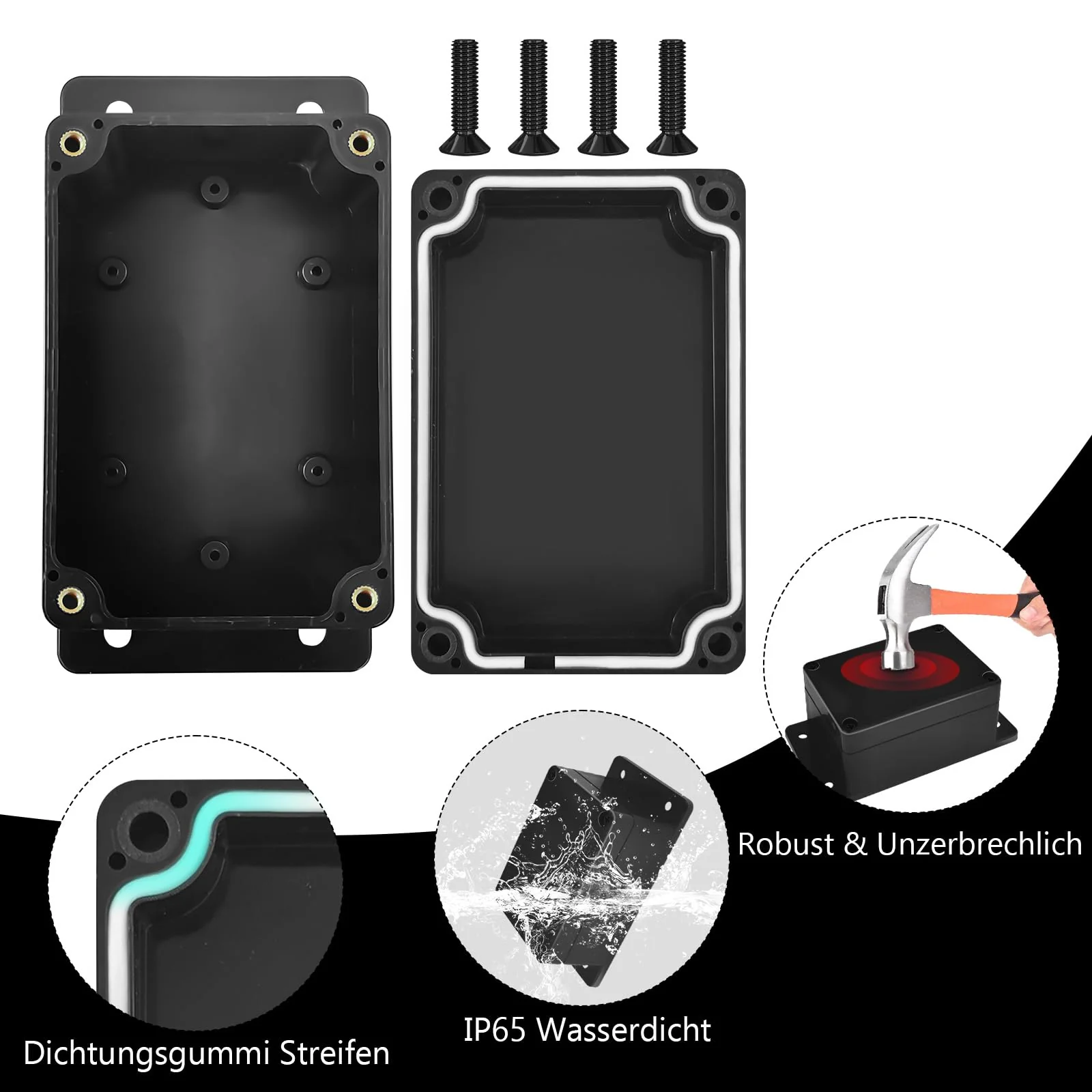 Celepoir Junction Box, Black, Waterproof IP65, Junction Box Waterproof with 8 Cable Glands, Small Junction Box with Fixed Ear, Wet Room Distribution Box for Electronics, 100 x 68 x 50 mm, Pack of 2 - Image 3