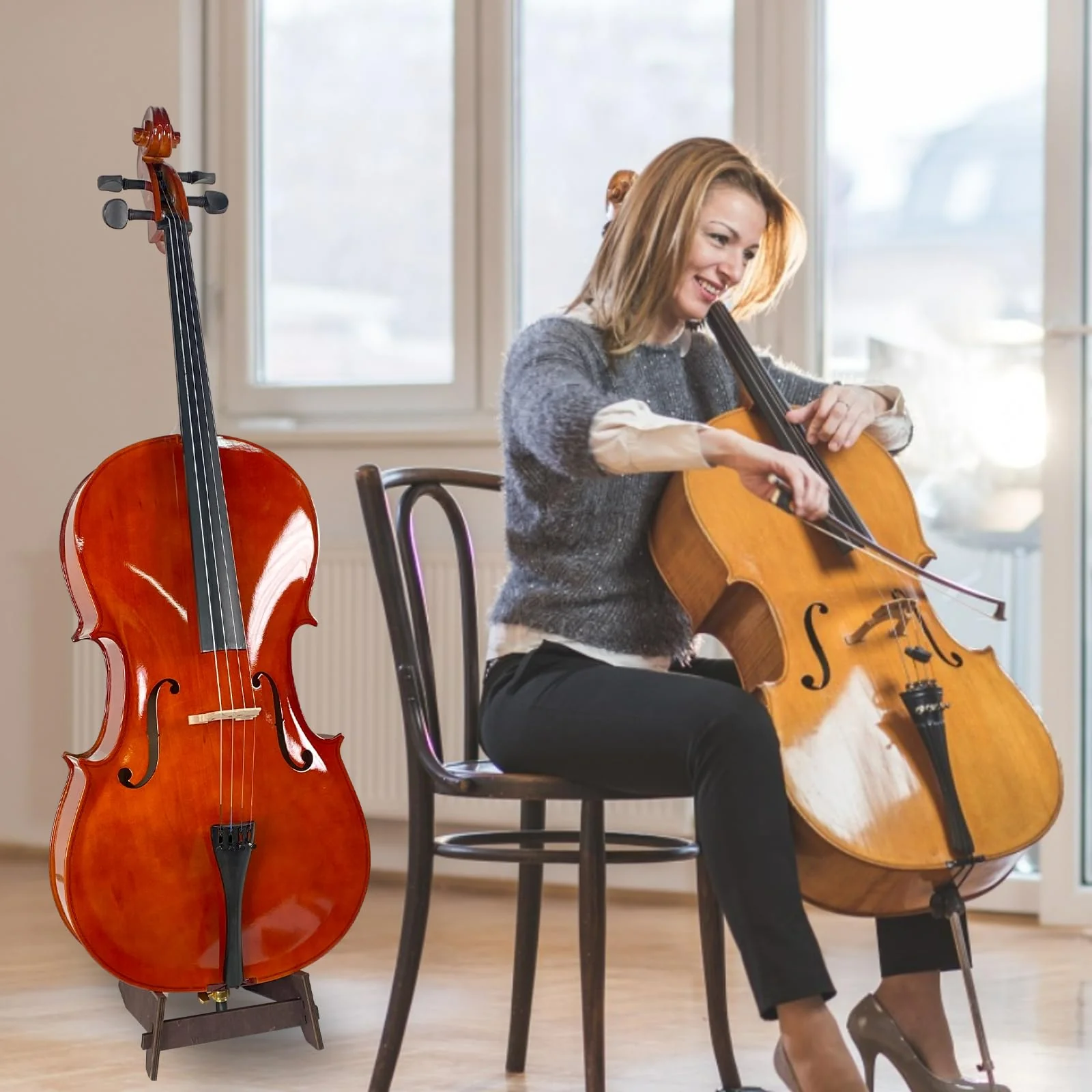 Cello Stand, Cello Support Holder made of wood with Rubber Protection Detachable Portable Musical Instrument Stand for 1/8-4/4 Cellos Guitars Electric Bass Electric Guitar Stand Cello Stand - Image 6