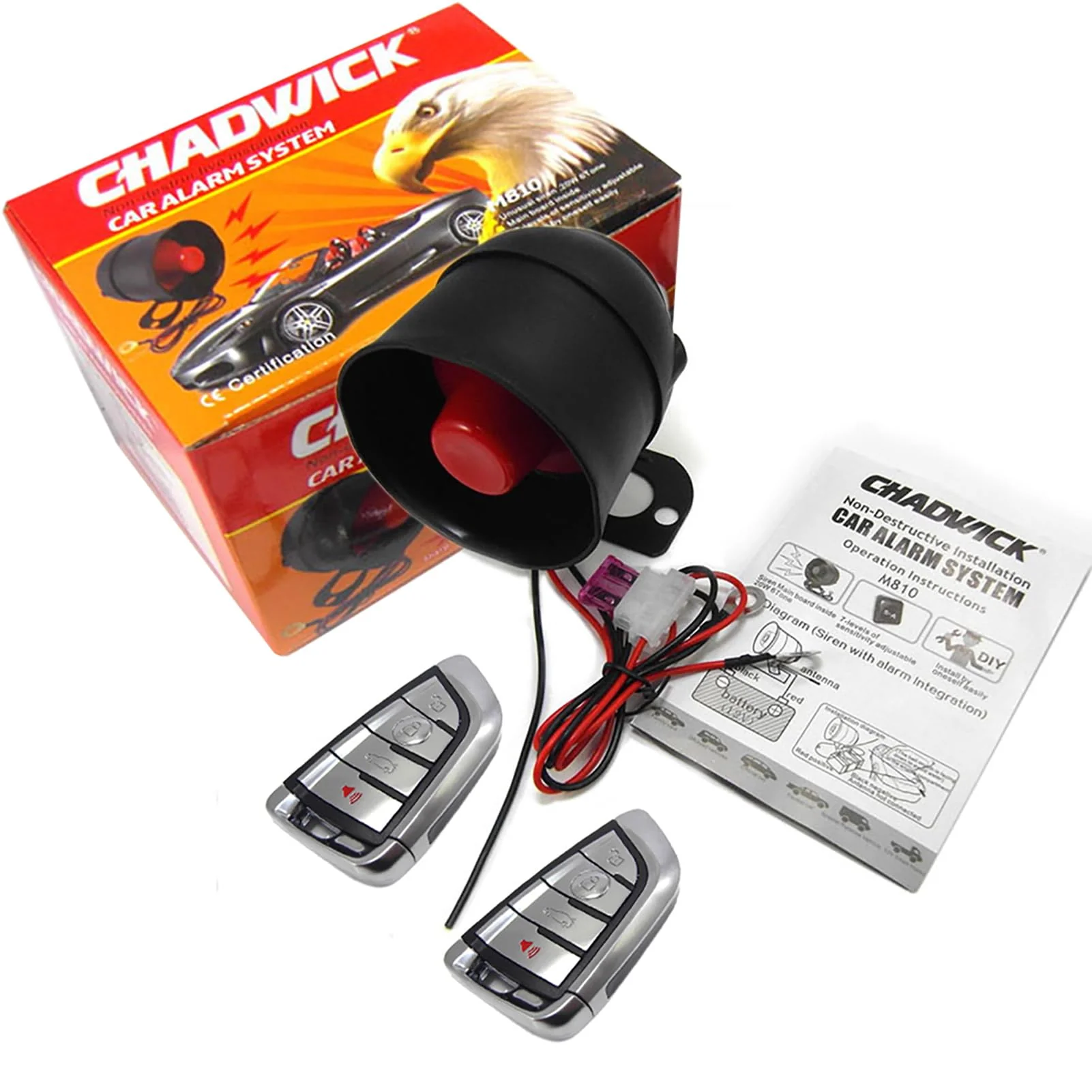CHADWICK Car Horn Siren Alarm,Universal Car Alarm Security Protection System with 2 Remote Controls,7-Level Sensitivity,12v,Anti-Theft Device,No Thread Trimmin,Non-Destructive Installation (CW-8131) CW-8131