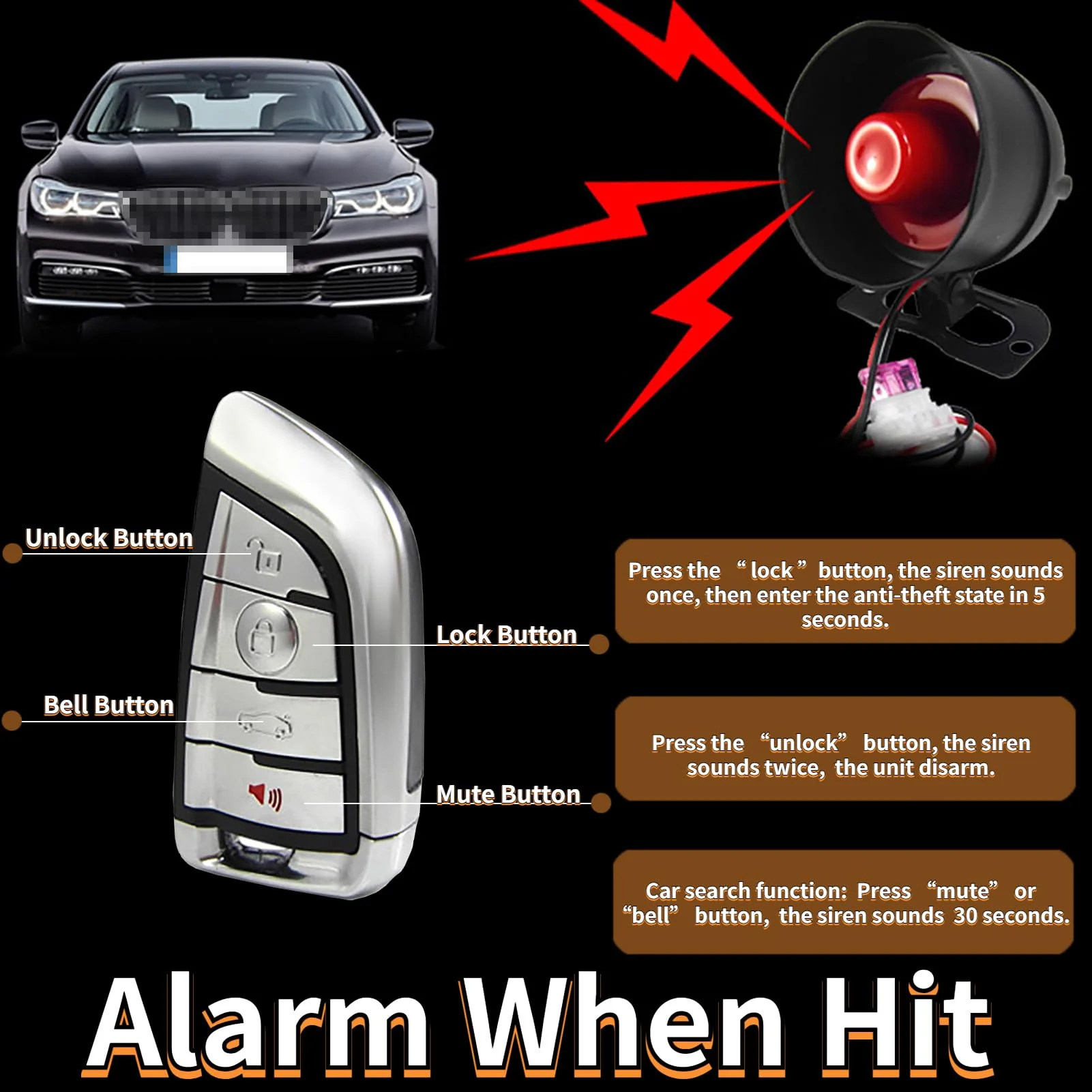 CHADWICK Car Horn Siren Alarm,Universal Car Alarm Security Protection System with 2 Remote Controls,7-Level Sensitivity,12v,Anti-Theft Device,No Thread Trimmin,Non-Destructive Installation (CW-8131) CW-8131 - Image 3