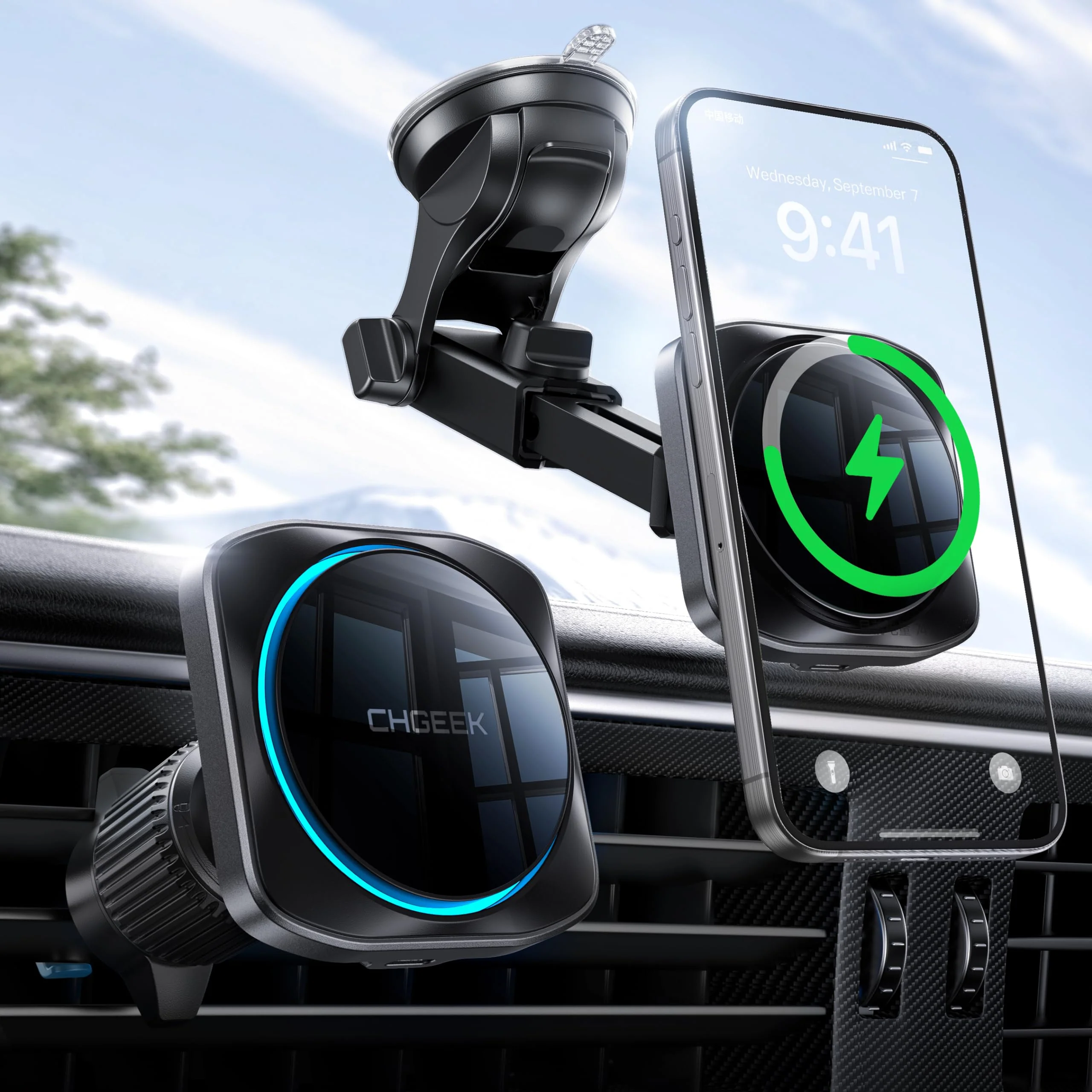 CHGeek for 15W Magsafe Car Mount Charger, Wireless Car Charger Magnetic Car Phone Holder Mount Fit iPhone 16 15 14 13 12 Magsafe Case, Vent/Windshield/Dash Phone Mount Holder Fast Cooling Charger Upgraded Car Mount Charger-Black