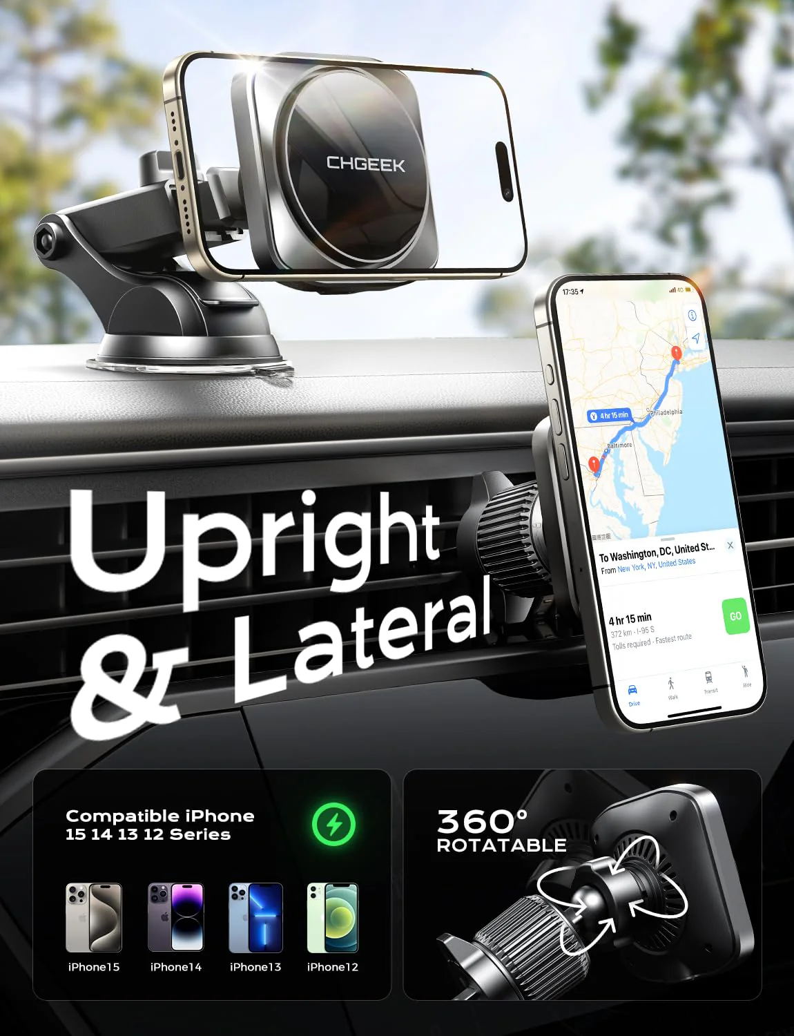 CHGeek for 15W Magsafe Car Mount Charger, Wireless Car Charger Magnetic Car Phone Holder Mount Fit iPhone 16 15 14 13 12 Magsafe Case, Vent/Windshield/Dash Phone Mount Holder Fast Cooling Charger Upgraded Car Mount Charger-Black - Image 8