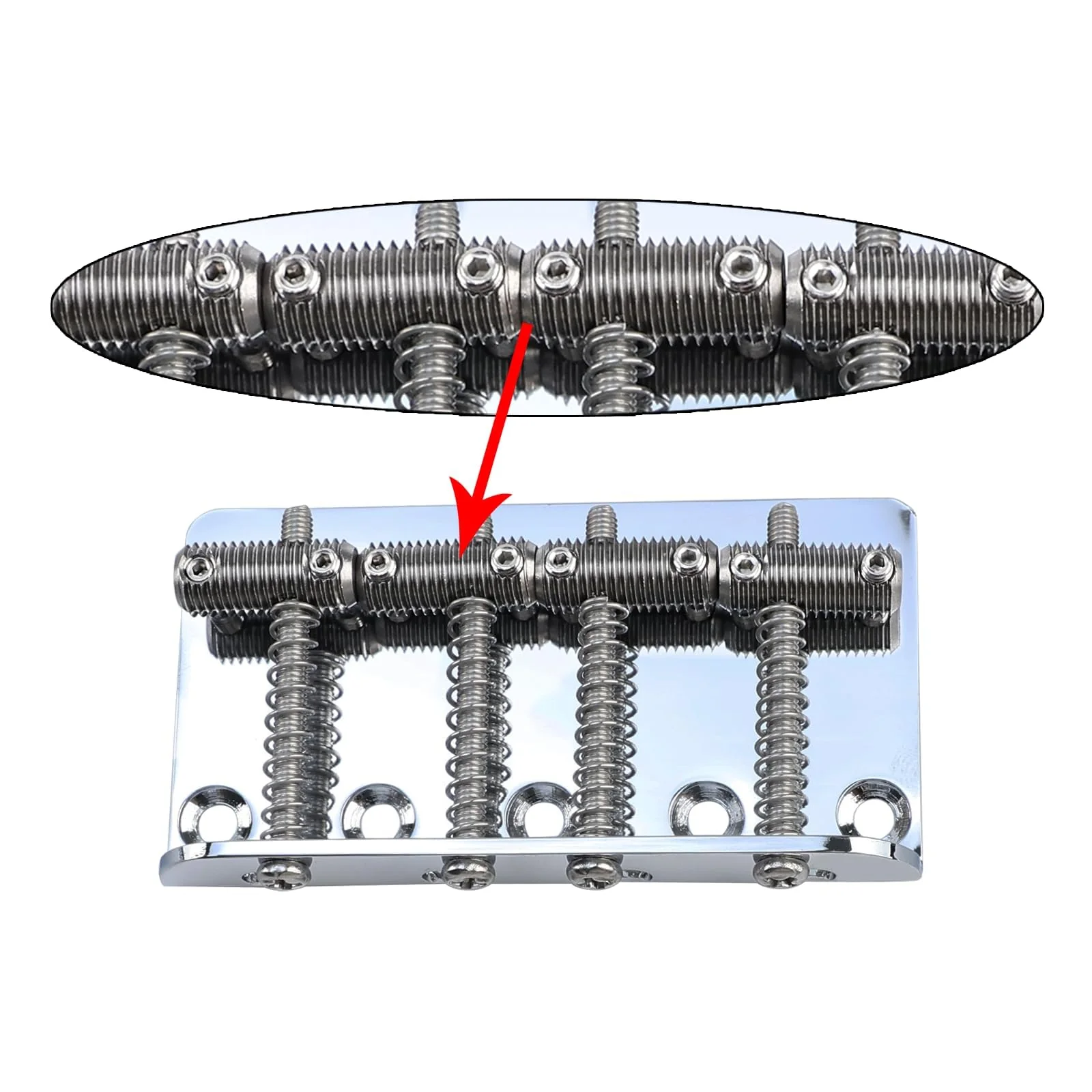Chrome Electric Bass Guitar Bridge with Stainless Steel Threaded Saddles Plate 4 String Fixed Bridge Compatible with Vintage style Fender Jazz Precision Bass Bridge Replacement Parts 4 Piece Chrome - Image 5
