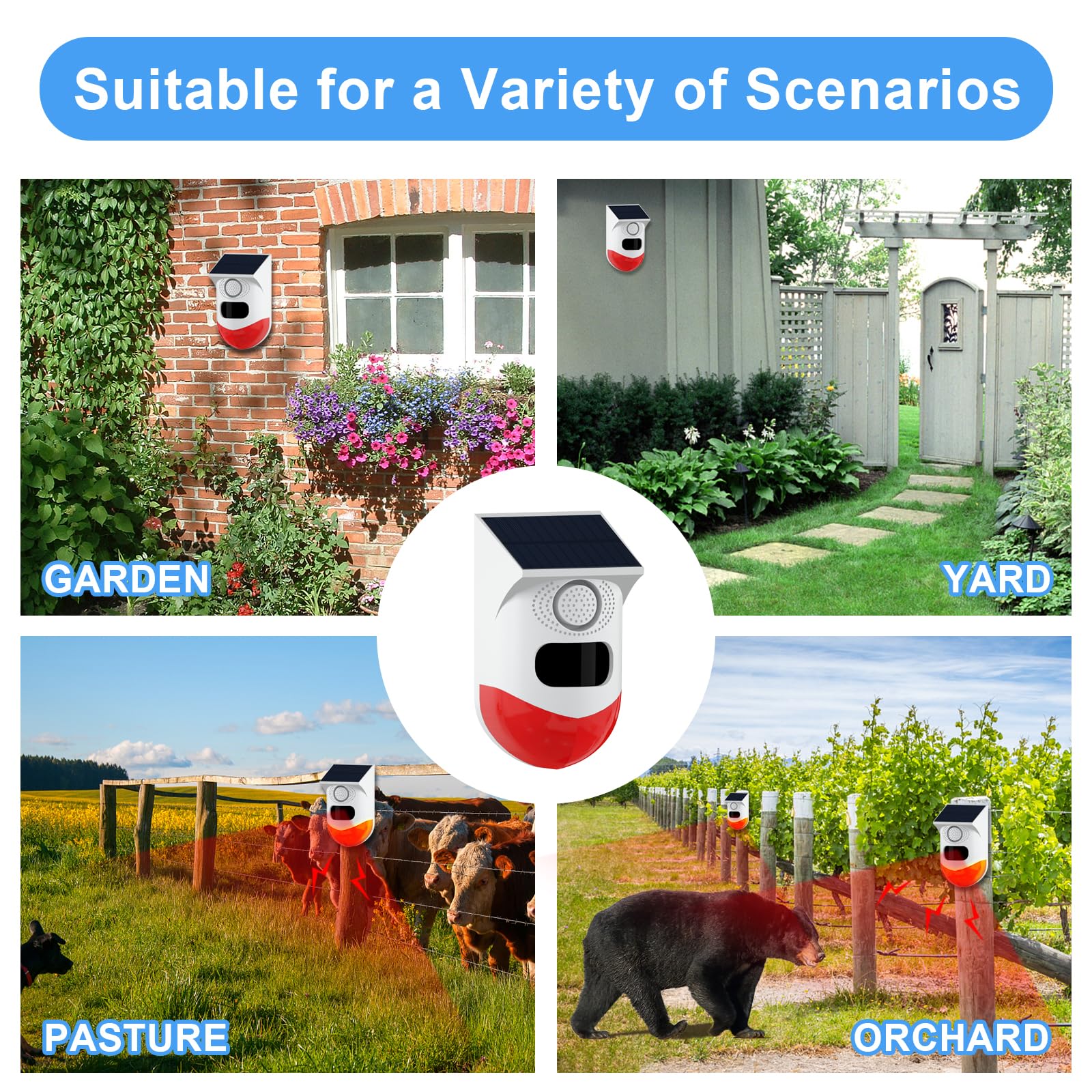 ChunHee Solar Motion Sensor Outdoor Alarm,Adjustable Sensitivity Motion Activated Alarm,129db Sound Security Siren Light IP67 Waterproof and 4 Mode for Home,Farm,Barn,Villa,Yard(2 Pack) 2 Light+2 Remote Control - Image 6