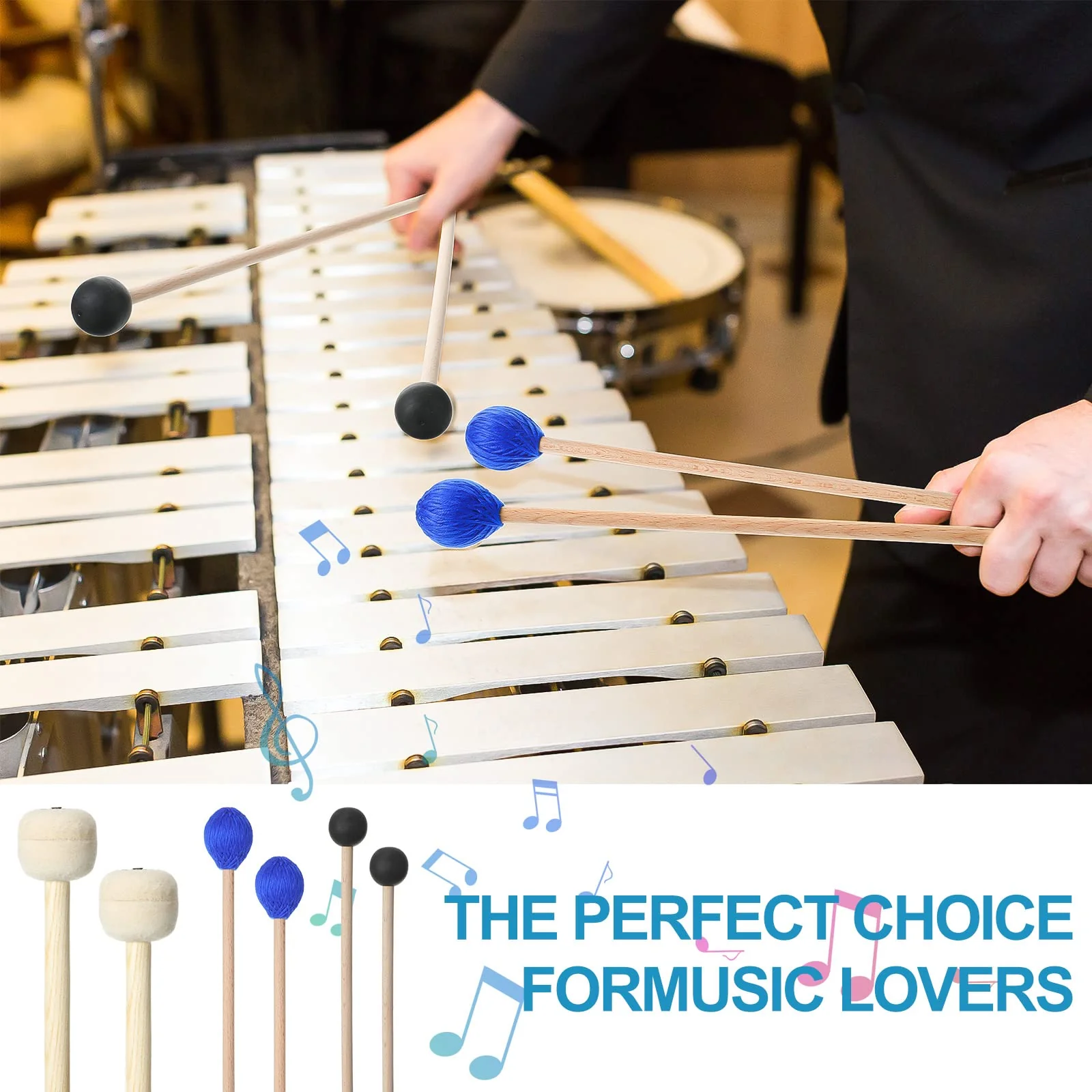 Cindeer 3 Pcs Pairs Drum Mallet 1 Blue Hard Yarn Head Keyboard Marimba Mallets 1 Black Rubber Bell 1 Mallets Wool Felt Drum Stick for Percussion Bass Timpani Instrument Bell Glockenspiel - Image 3