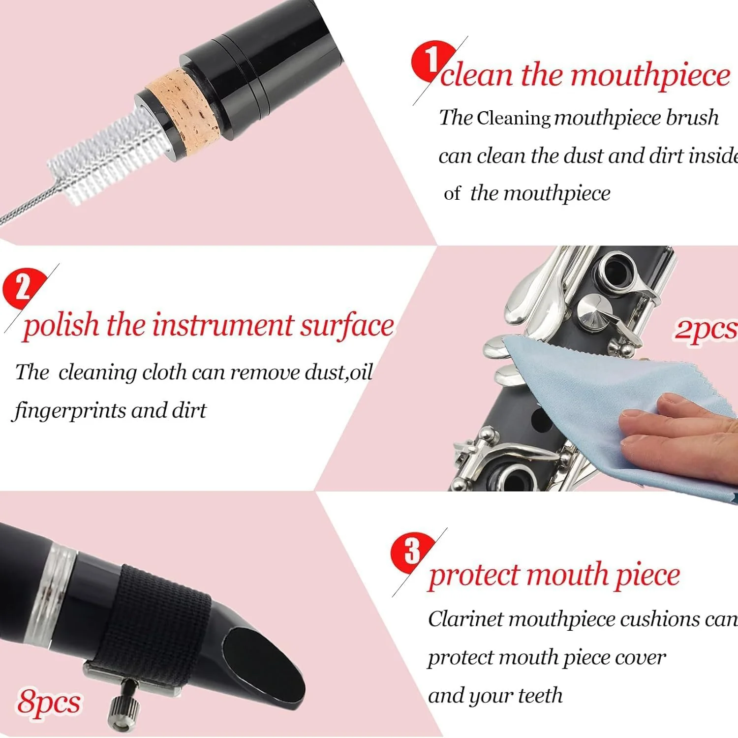 Clarinet Cleaning Kit, Saxophone Cleaning Kit,Clarinet Accessories,Mouthpiece Brush,Dust Brush,Cleaning Cloth,Clarinet Reeds Swabs,Finger Rest,Cork Grease,Pads Absorbent Cloth,Cleaning Care Kit - Image 4