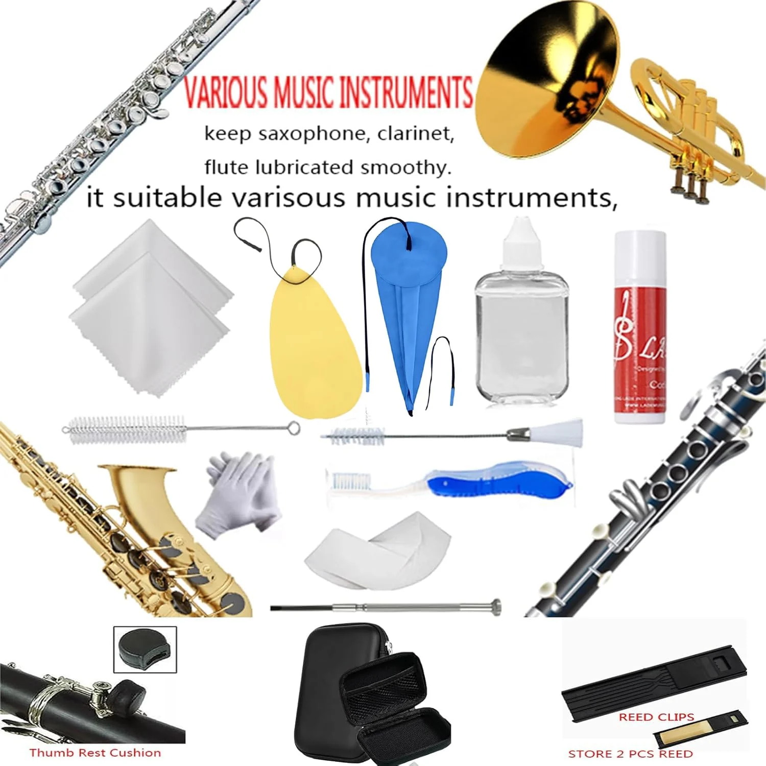 Clarinet Cleaning Kit, Saxophone Cleaning Kit,Clarinet Accessories,Mouthpiece Brush,Dust Brush,Cleaning Cloth,Clarinet Reeds Swabs,Finger Rest,Cork Grease,Pads Absorbent Cloth,Cleaning Care Kit - Image 6