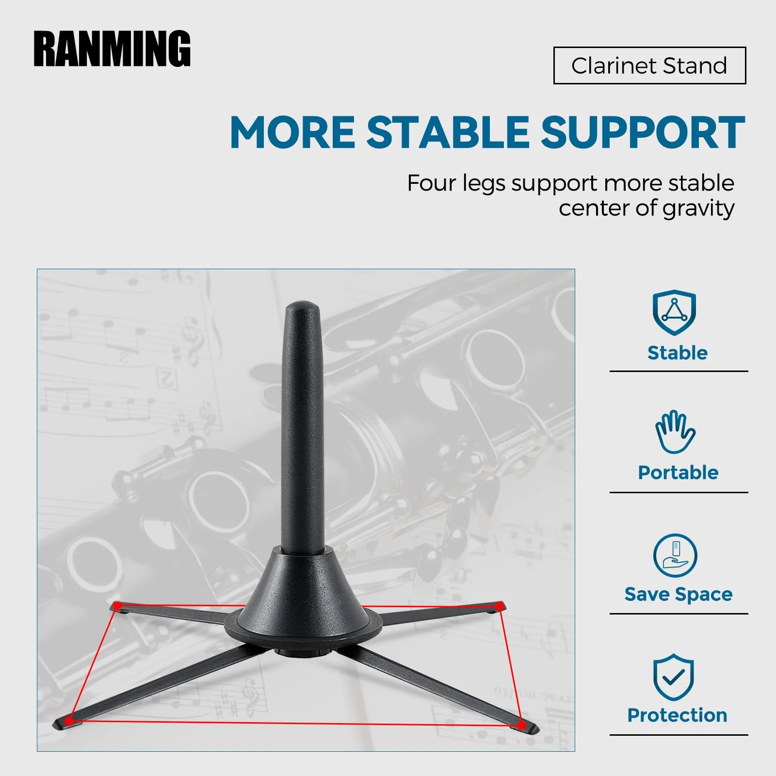 Clarinet Stand Black Portable Clarinet Stand, Professional Foldable Clarinet Stand,4-Leg Support Clarinet Stand,Stable and Scratch-Resistant Clarinet Stand. - Image 4