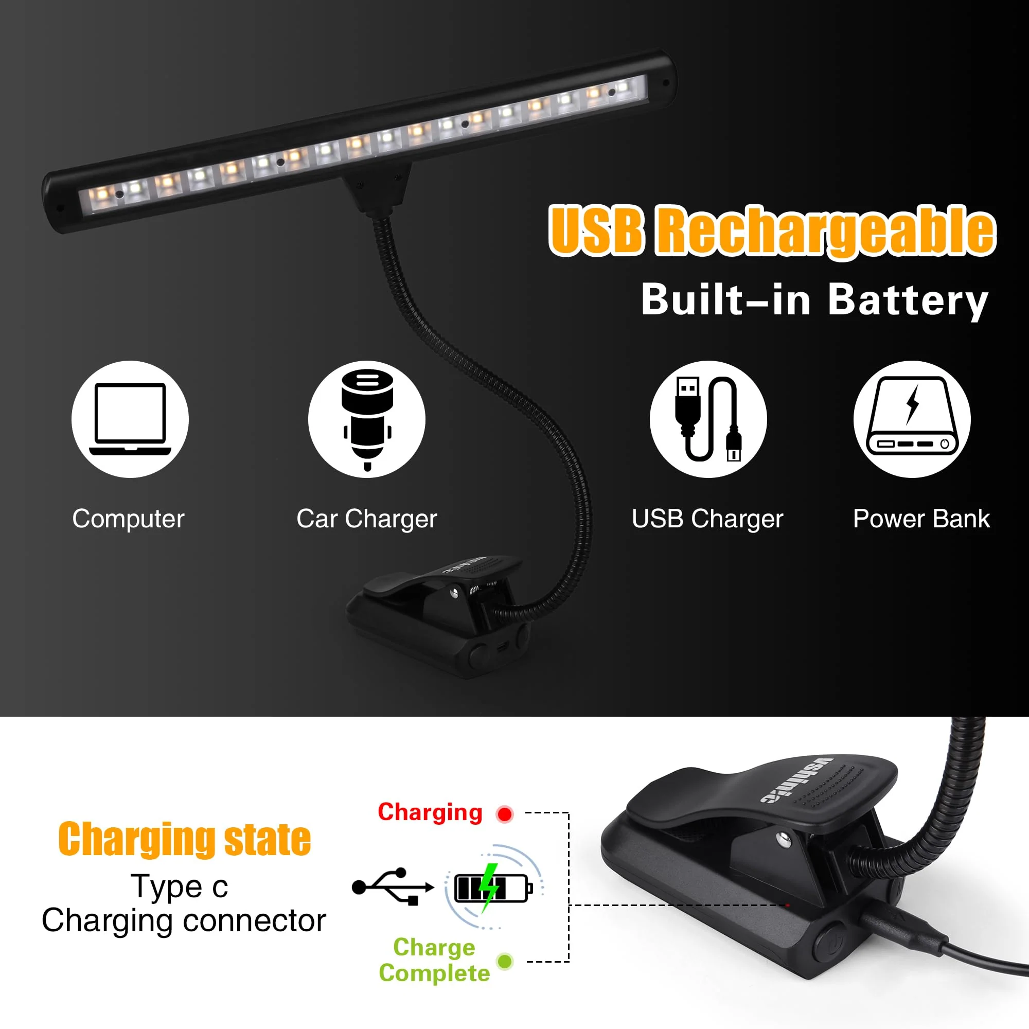 Clip On Music Stand Light,18LED Rechargeable Piano Light, Orchestra Light 3 Colors & 2 Levels Brightness Settings,Perfect for Piano, Keyboard,Orchestra,DJ,Craft and Reading - Image 6