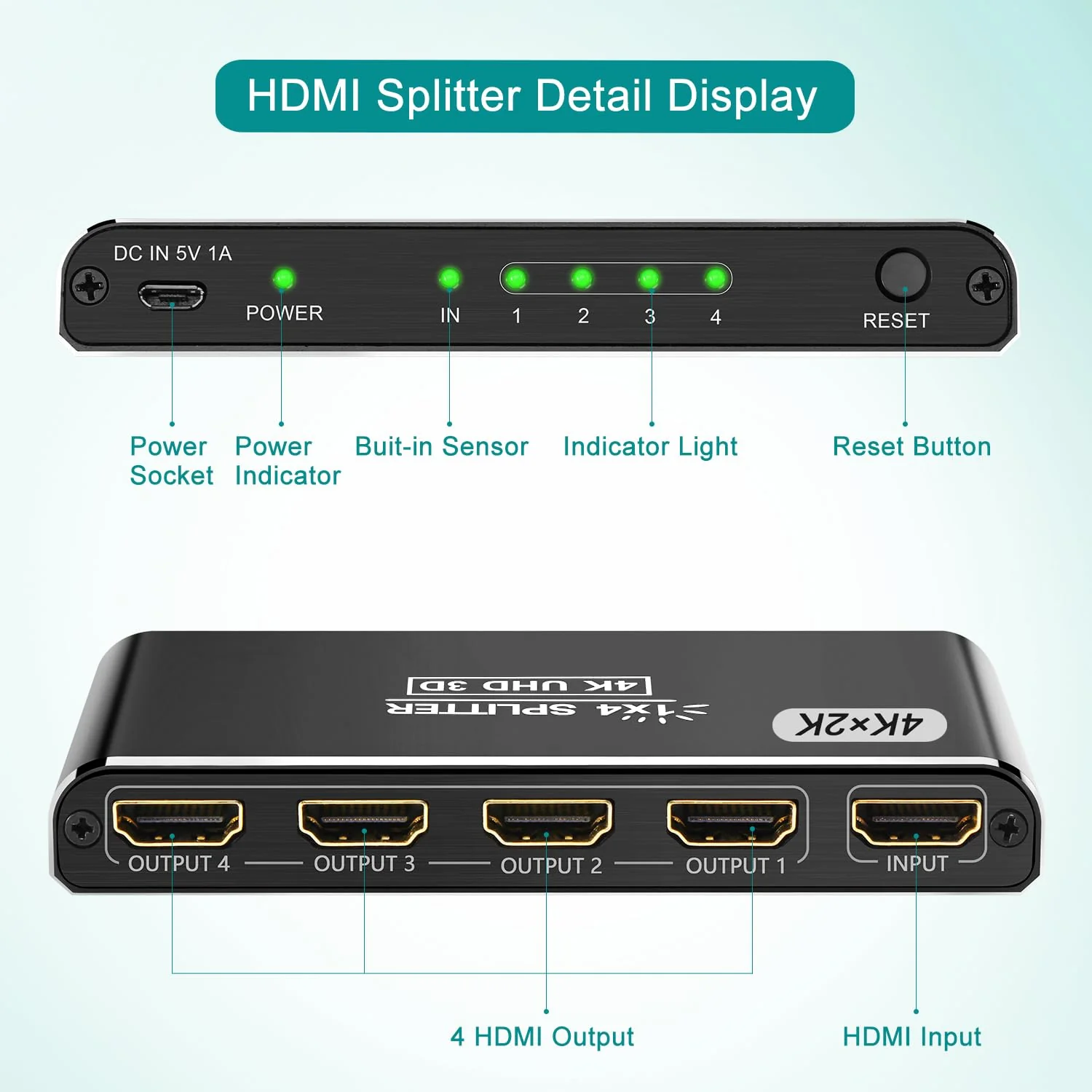 CLOSS HDMI Splitter 1 in 4 Out, 4K HDMI Splitters for Dual Monitors Supports 3D Full HD 1080P Aluminum HDMI Spliter HDMI Adapter for TV Compatible for PS4 Fire Stick HDTV(1 Source to 4 Displays) Black - Image 5