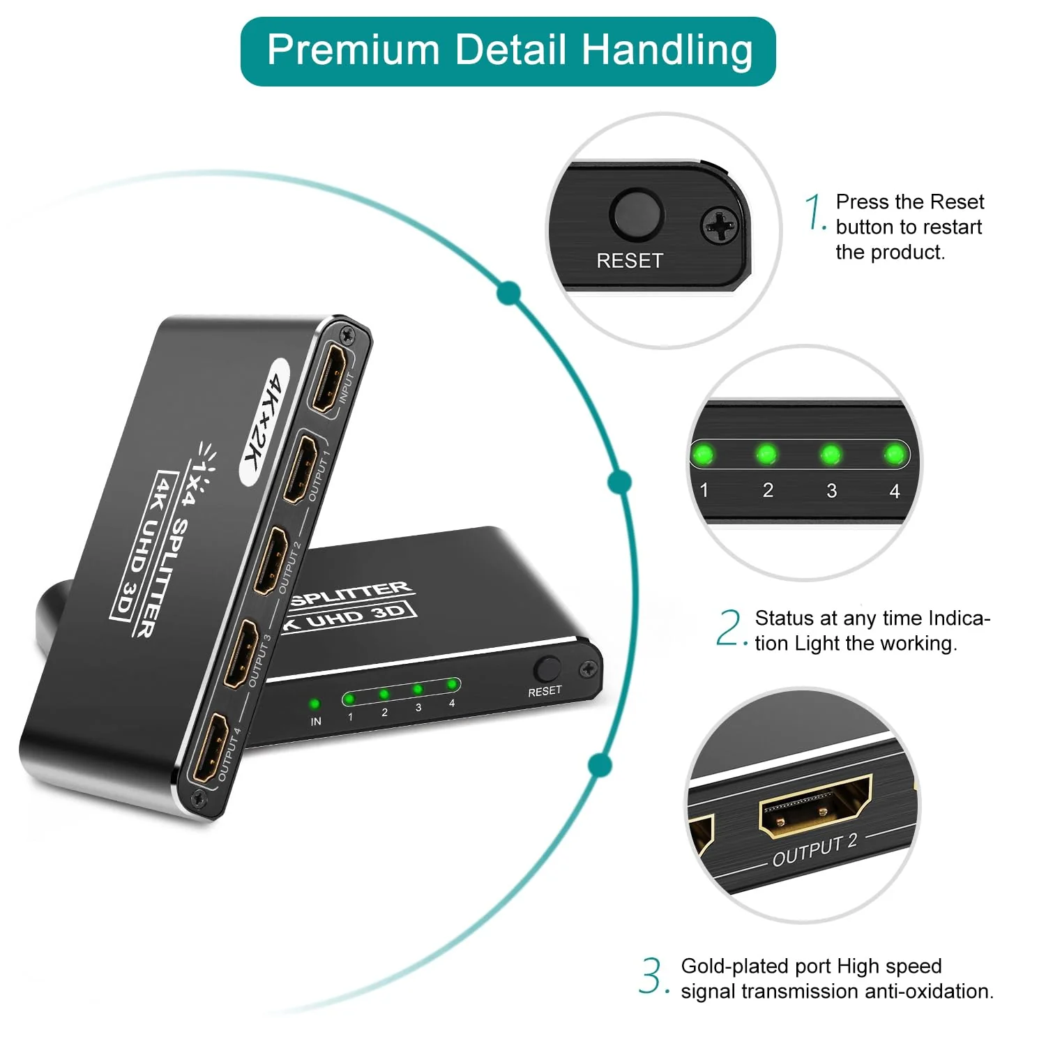 CLOSS HDMI Splitter 1 in 4 Out, 4K HDMI Splitters for Dual Monitors Supports 3D Full HD 1080P Aluminum HDMI Spliter HDMI Adapter for TV Compatible for PS4 Fire Stick HDTV(1 Source to 4 Displays) Black - Image 6