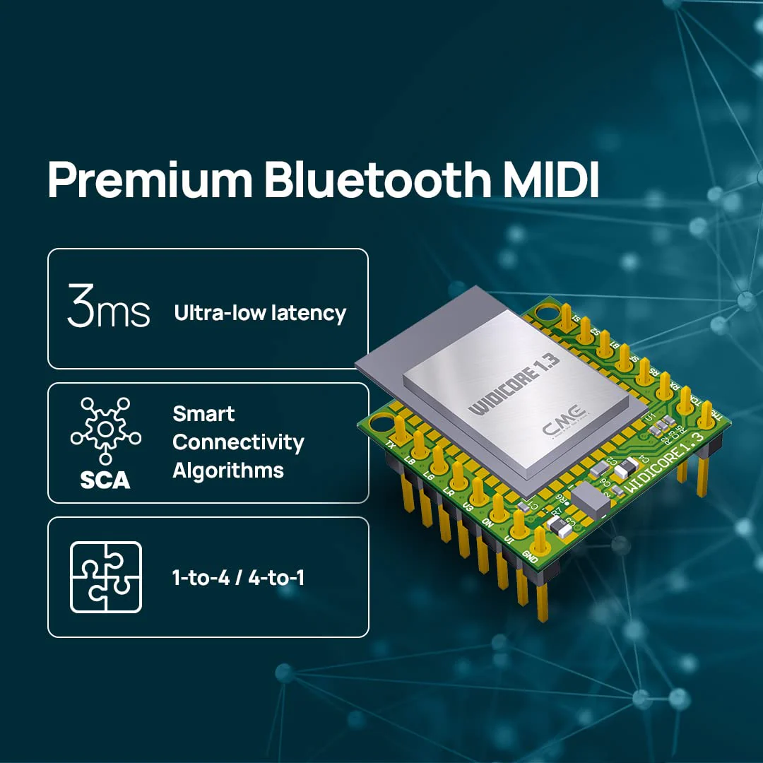 CME WIDI Core - Smart (BLE) breakout board that implements premium MIDI over Bluetooth Low Energy as developed by CME with onboard PCB antenna and populated pin header - Image 3