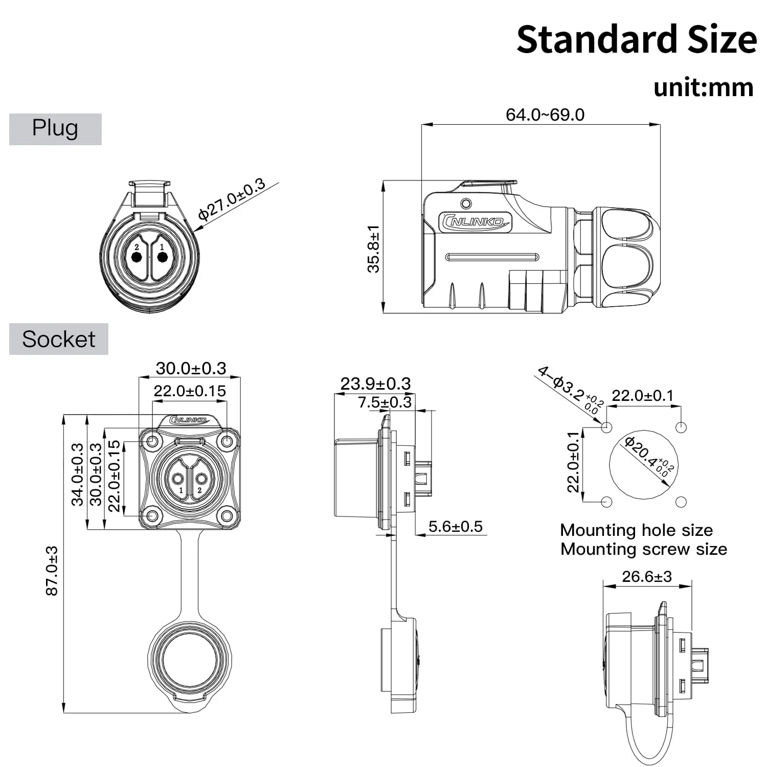 CNLINKO LP20 2 Pin Reverse Mountable Round Waterproof Connector IP68 Female and Male For Automotive and Outdoor Applications (2 Pin Semi Metal) 2 Polig Semi-metal material - Image 3