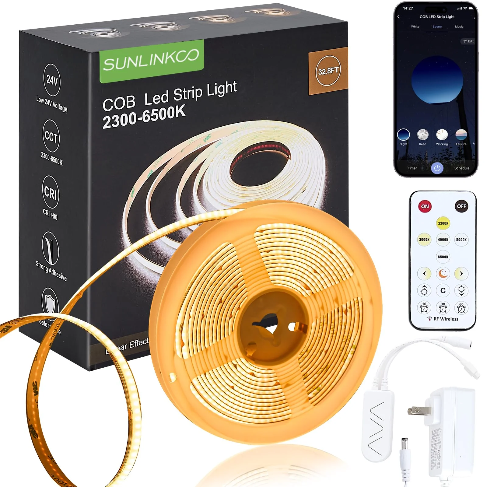 COB LED Strip Light 16.4ft, Dimmable 2300K-6500K White CCT Tunable, DC 24V Cuttable LED Tape Light, High Density 3040 LED 36W CRI 90, APP Remote Control, Music Mode, For Home DIY, Living Room, Bedroom