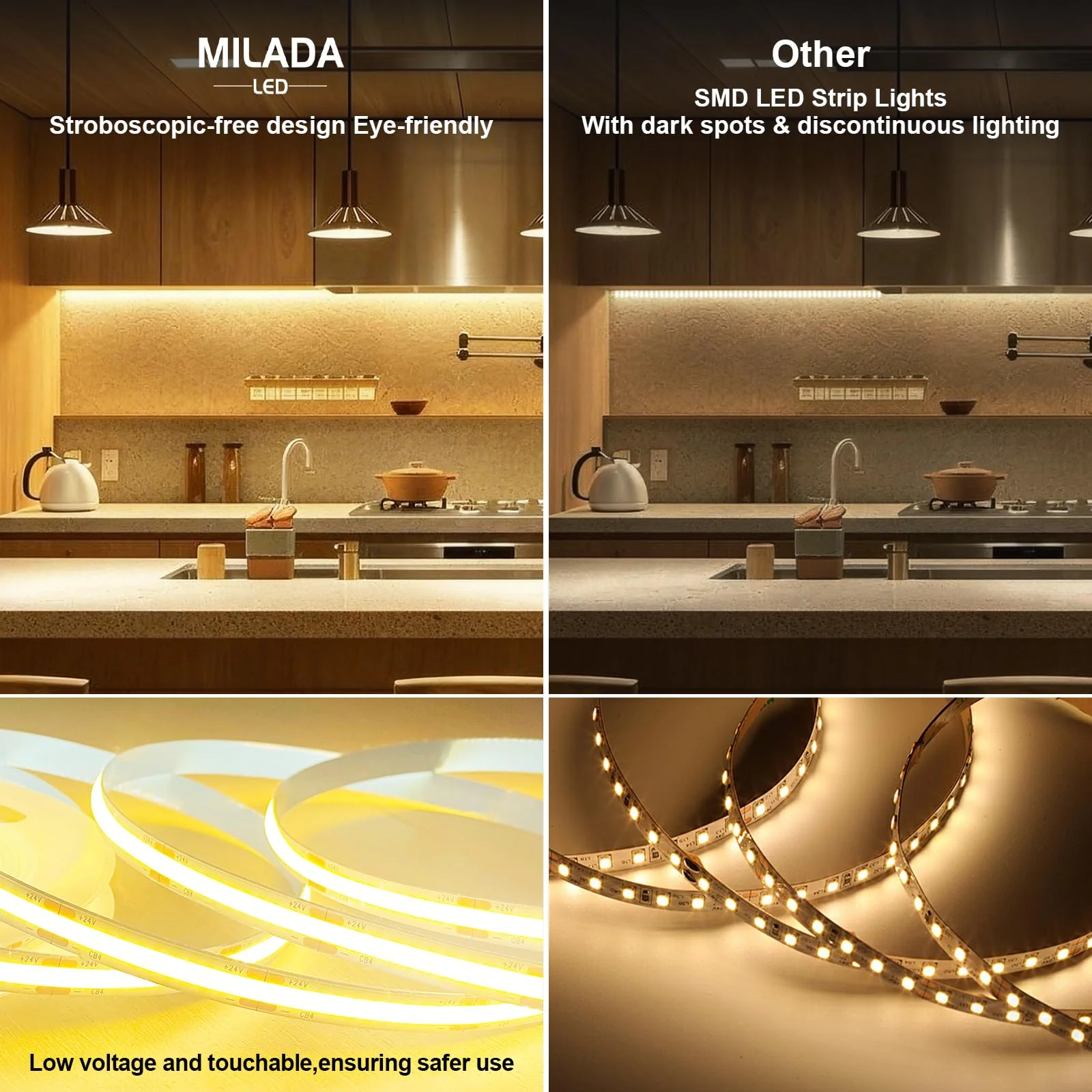 COB LED Strip Light 3000K 40FT/12M warm white led strip Dimmable High Lumen Strip with IR Remote 24V UL Certified Adapter Suitable Adhesive Indoor COB LED Strip for Bedroom Living Room, Shelf, Cabinet 3000K-40FT - Image 3