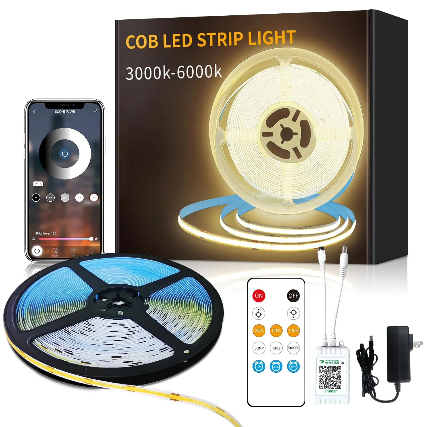COB LED Strip Lights 32.8ft,3000K DC 24V Dimmable Warm White Flexible LED Rope Lights for Bedroom,with Remote and app Control LED Lights strip for Living Room, Shelf, Cabinet