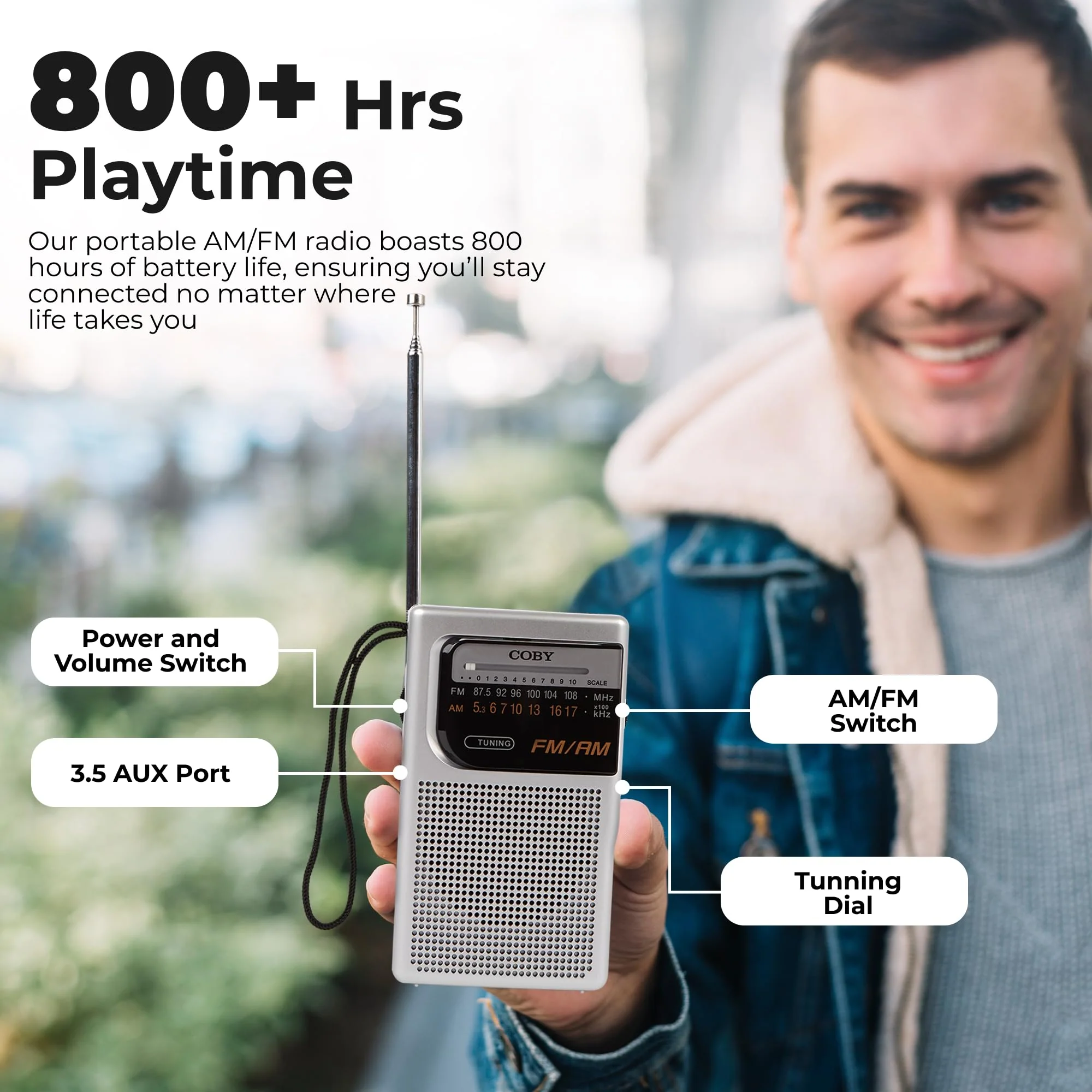 Coby Portable Radio, AM/FM, Pocket Radio, 800-HR Battery, Indoor Outdoor Mini Radio, Emergency Radio, Compact, Retro Transistor Radio A-Silver - Image 3
