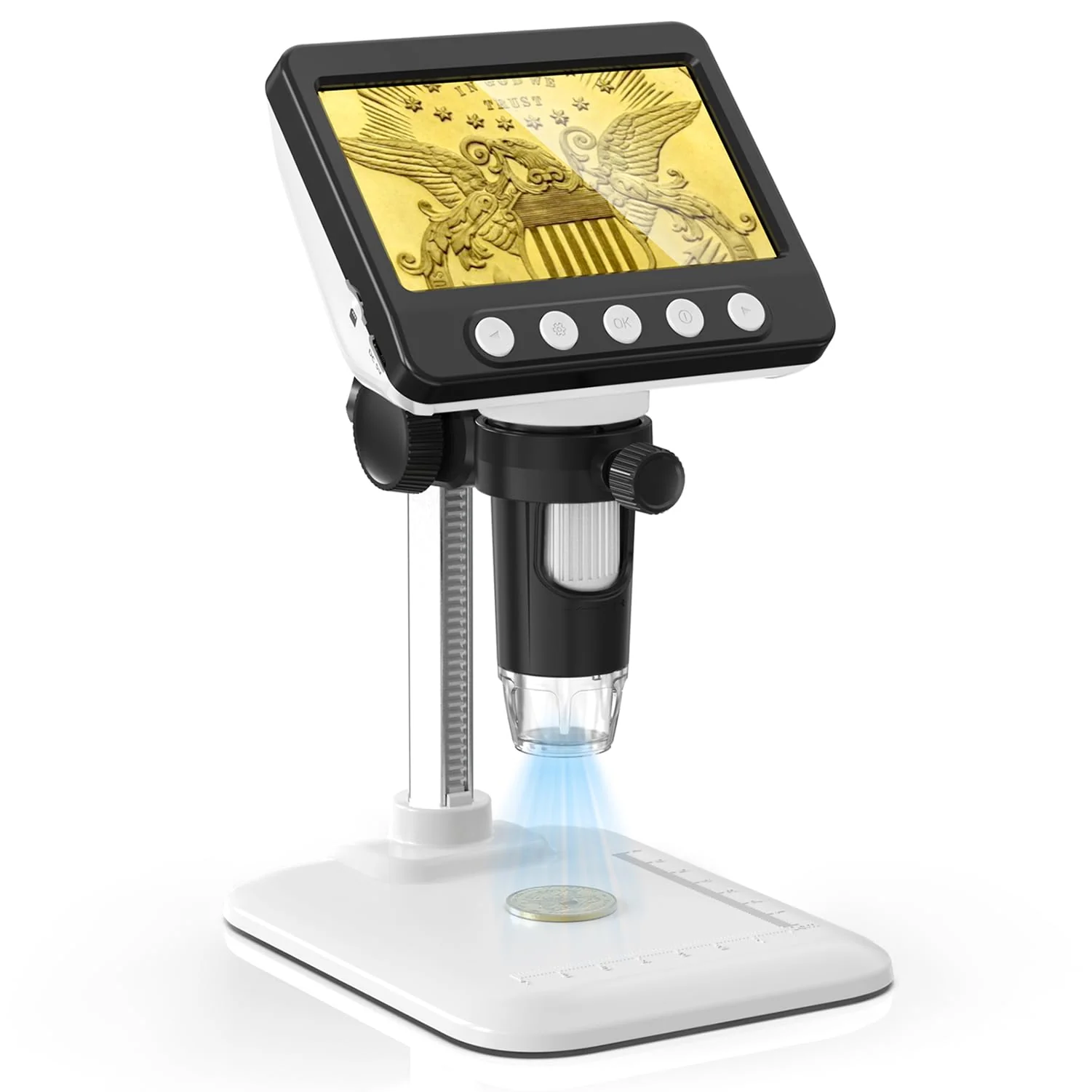 Coin Microscope for Error Coins, 4.3 inches 1080P LCD Digital Microscope, 50x-1000x Magnifier with 8 Adjustable LED Lights, PC View, Compatible with MacOS Windows for Adults Kids White