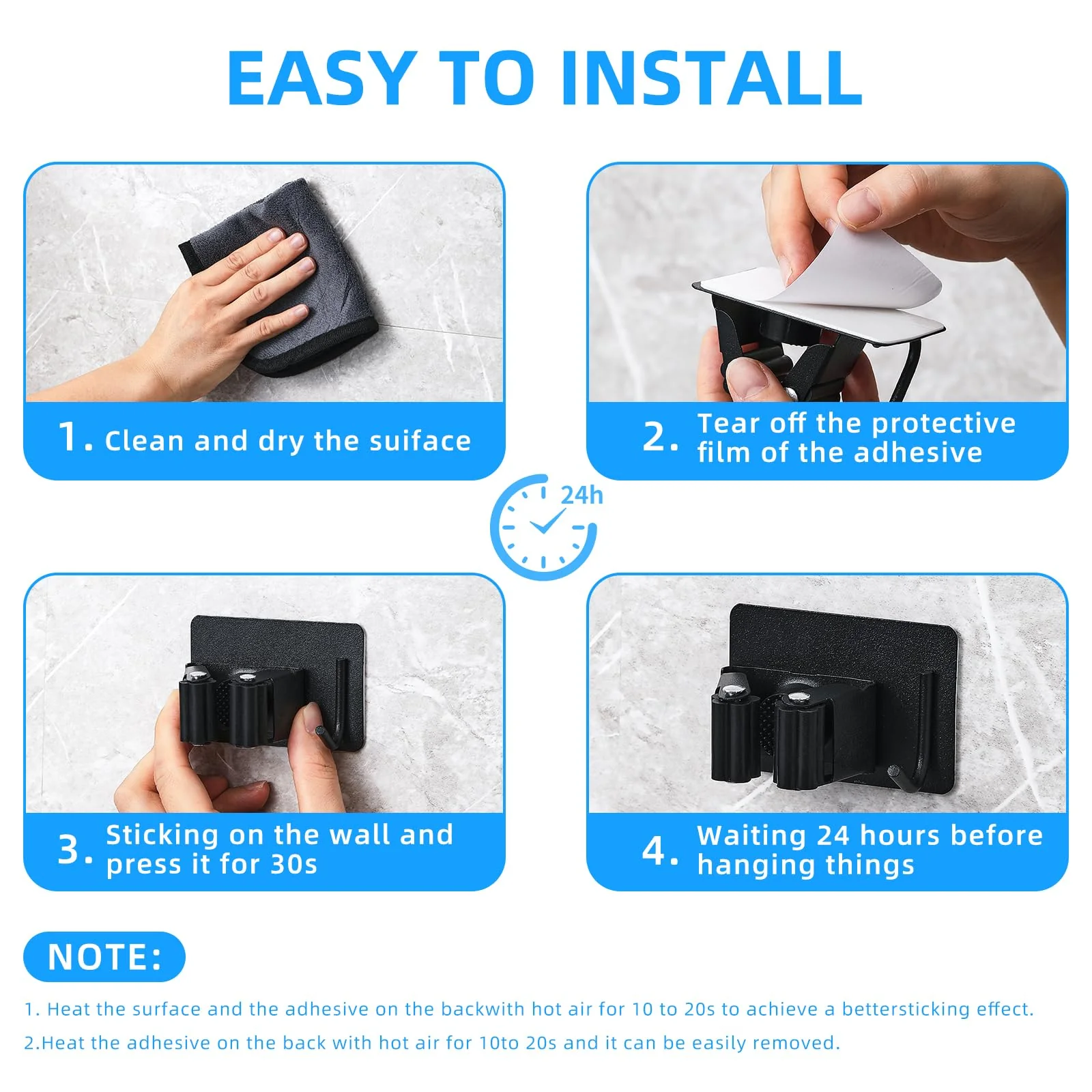 Cokshy Broom Holder Wall, Pack of 4 Stainless Steel Broom Holders with Hooks, Self-Adhesive, Mop Holder, No Drilling, Device Holder for Kitchen, Mop, Bathroom, Garden, Shovel, Tools (Black) Black - Image 6