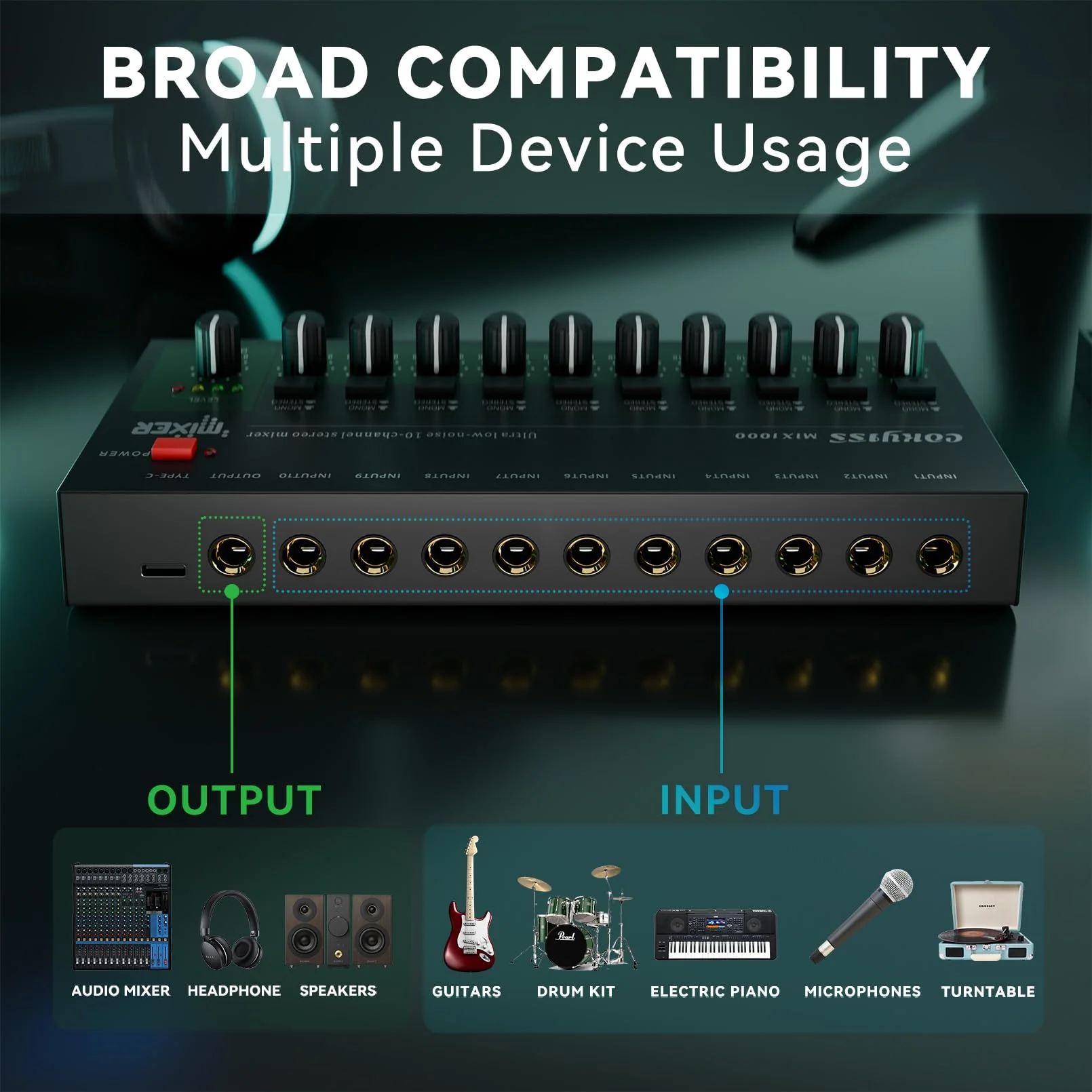 COKYISS® Small Mini Audio Mixer,10-Channel,Stereo Line Mixer for Sub-Mixing,Ultra Low-Noise,Microphone Independent Control,1/4" TRS Input/Output,for Bars,Guitars, Bass, Keyboards Mixer MIX1000 - Image 4