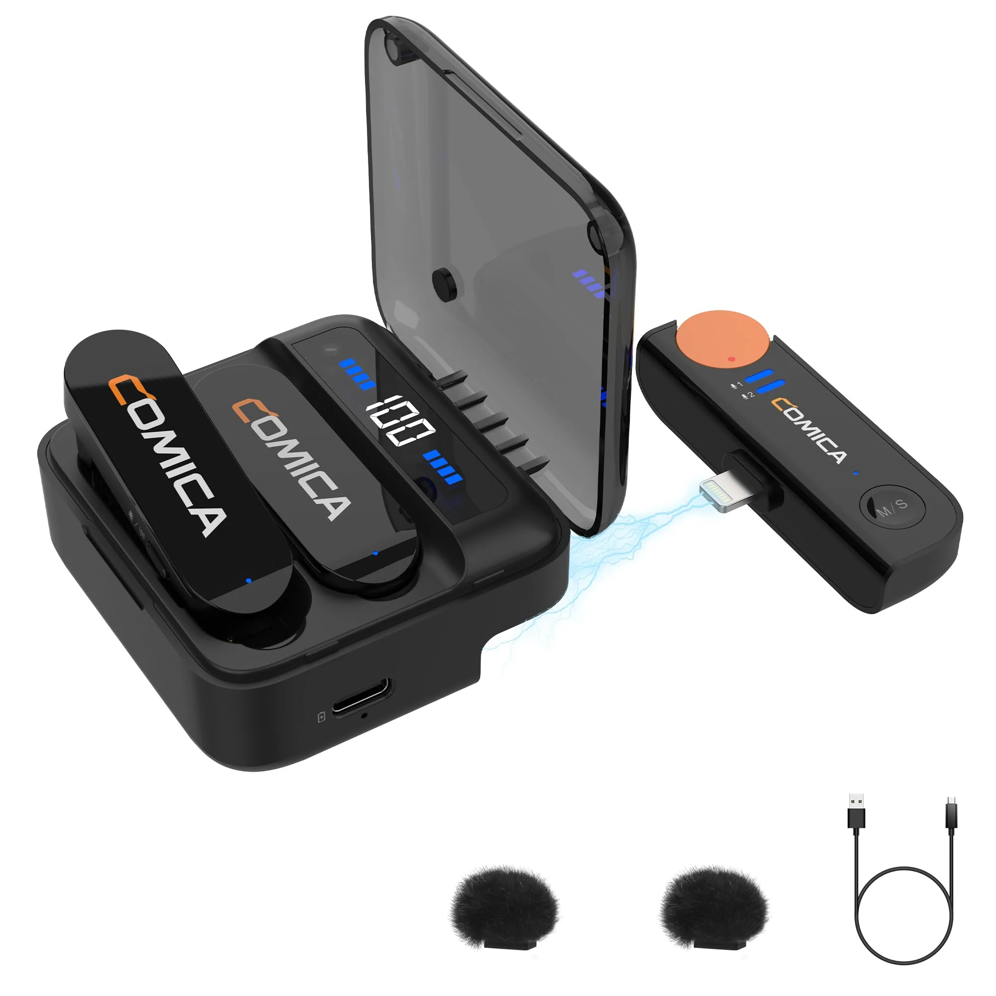 COMICA Vimo S MI Wireless Microphone for iPhone, MFI Certified, Noise Cancellation, 656' Range, 15H Working Time, Monitoring, iPhone Mic for Video Recording, Vlog, Live Streaming, YouTube Lightning Version