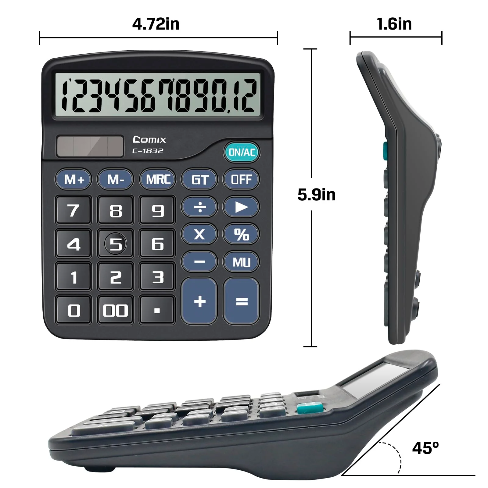 Comix Desktop Calculator 12 Digit with Large LCD Display and Big Button, 12 Digits Baisc Calculator, Solar Battery Dual Powered, for Office Home School C-1832 (Black) Black - Image 3