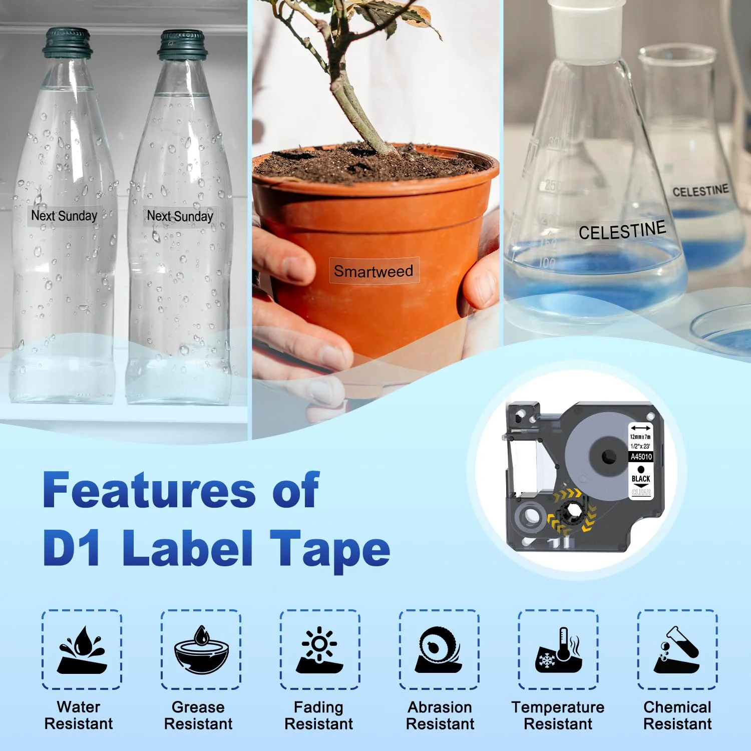Compatible DYMO D1 Label Tape Black on Clear Replace for DYMO Label Maker Refills 45010 S0720500, 1/2Inch x 23Ft for Dymo LabelManager 160 210D 280 360D Label Maker, 3-Pack - Image 3