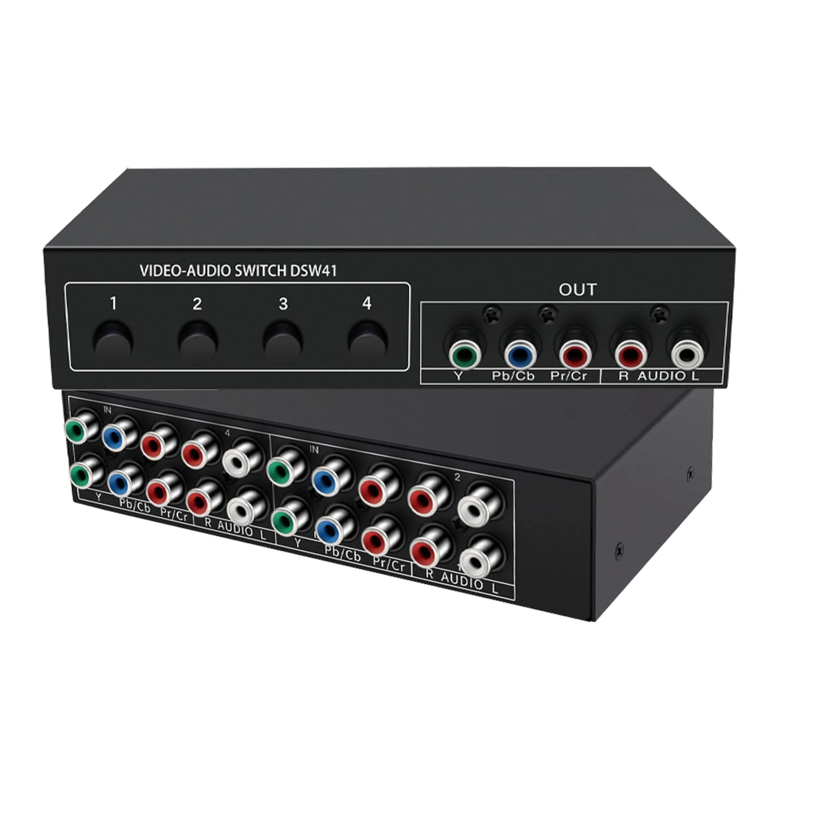 Component AV Video Switch Box 4 in 1 Out 1080P, 4-Way 5 RCA YPbPr Composite L/R Audio AV Splitter RGB Selector Switcher Converter for Xbox 360 Wii PS3 PS2 PS1 SNES DVD/VCD/STB/TV/HDTV, Plug & Play 4-Way Switch
