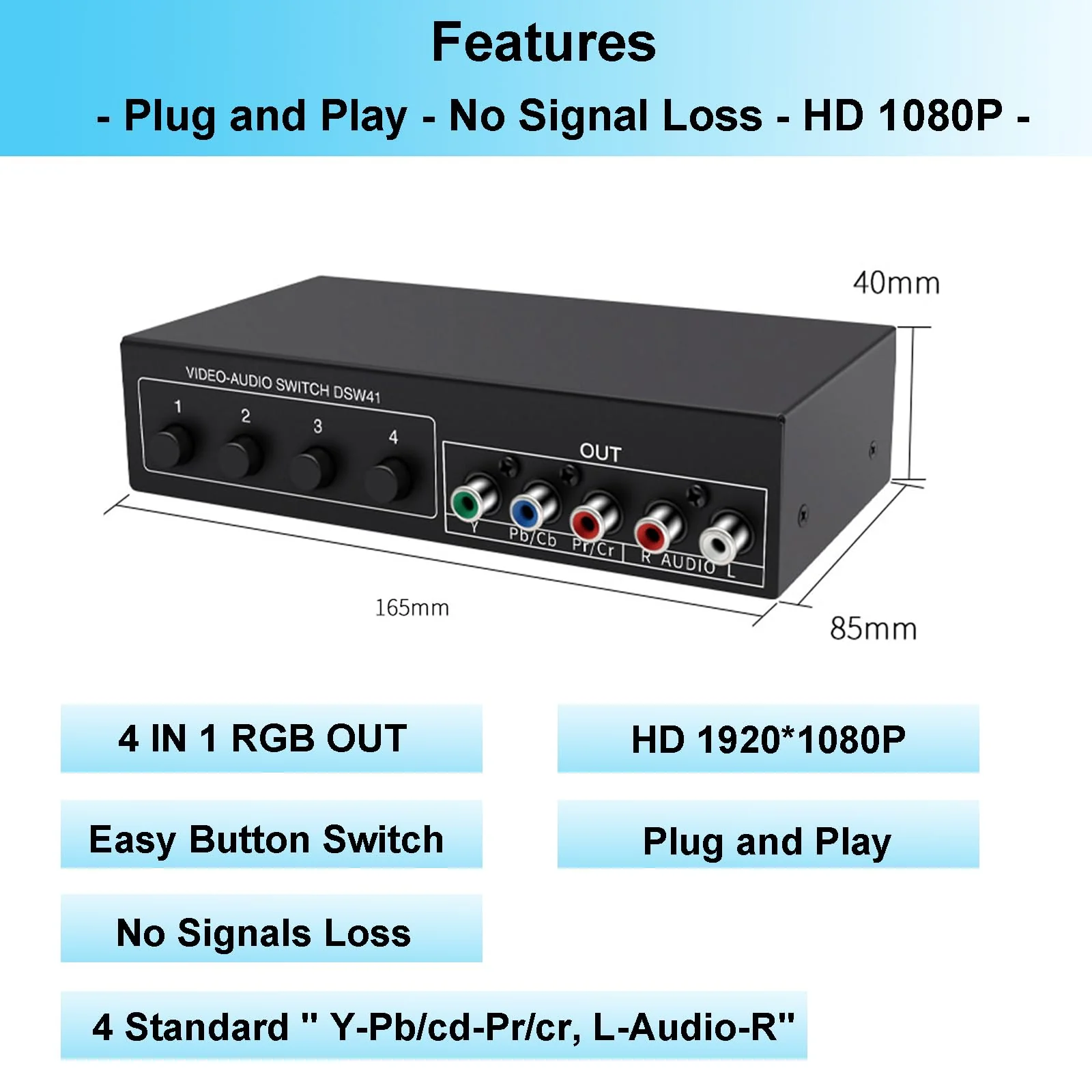 Component AV Video Switch Box 4 in 1 Out 1080P, 4-Way 5 RCA YPbPr Composite L/R Audio AV Splitter RGB Selector Switcher Converter for Xbox 360 Wii PS3 PS2 PS1 SNES DVD/VCD/STB/TV/HDTV, Plug & Play 4-Way Switch - Image 5