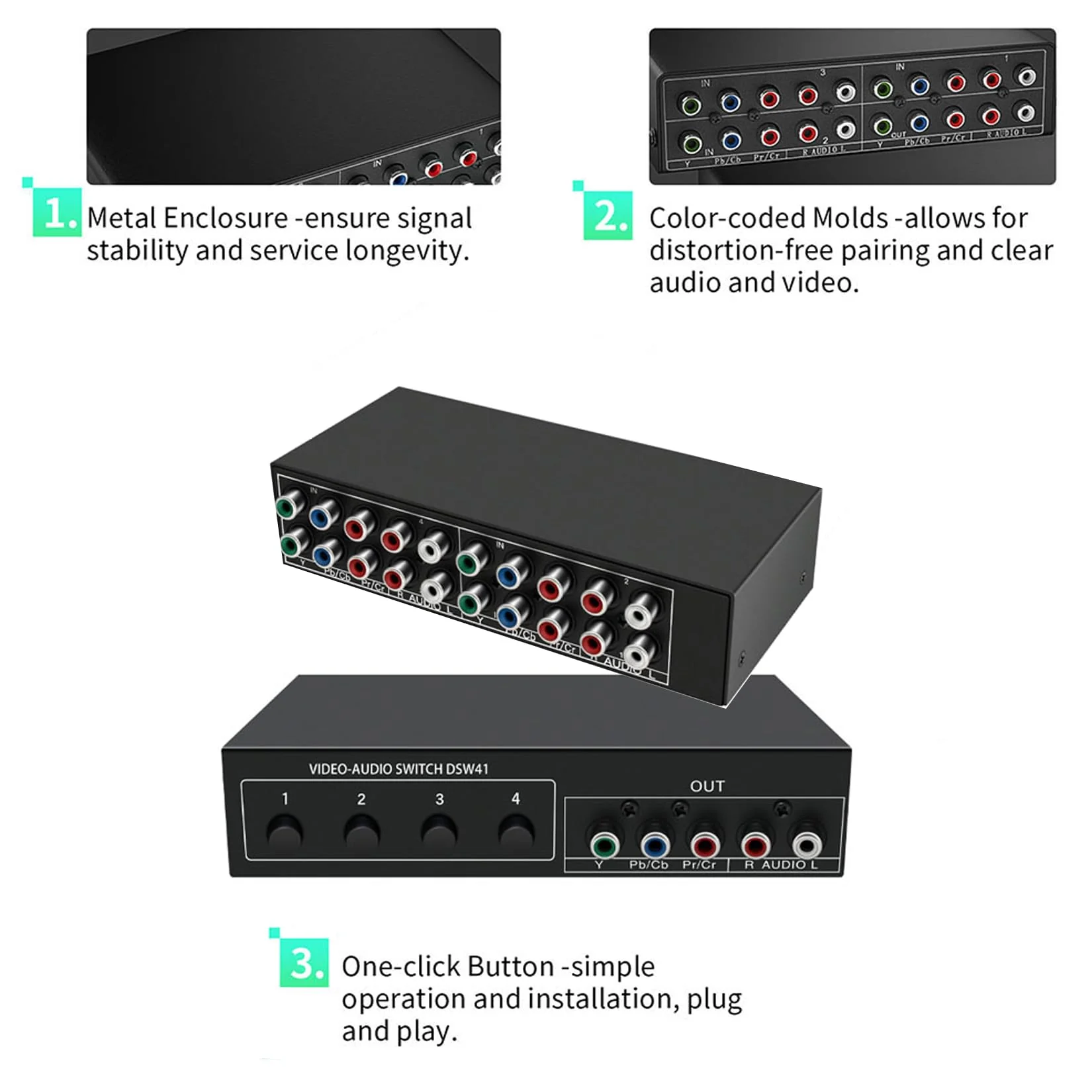Component AV Video Switch Box 4 in 1 Out 1080P, 4-Way 5 RCA YPbPr Composite L/R Audio AV Splitter RGB Selector Switcher Converter for Xbox 360 Wii PS3 PS2 PS1 SNES DVD/VCD/STB/TV/HDTV, Plug & Play 4-Way Switch - Image 6