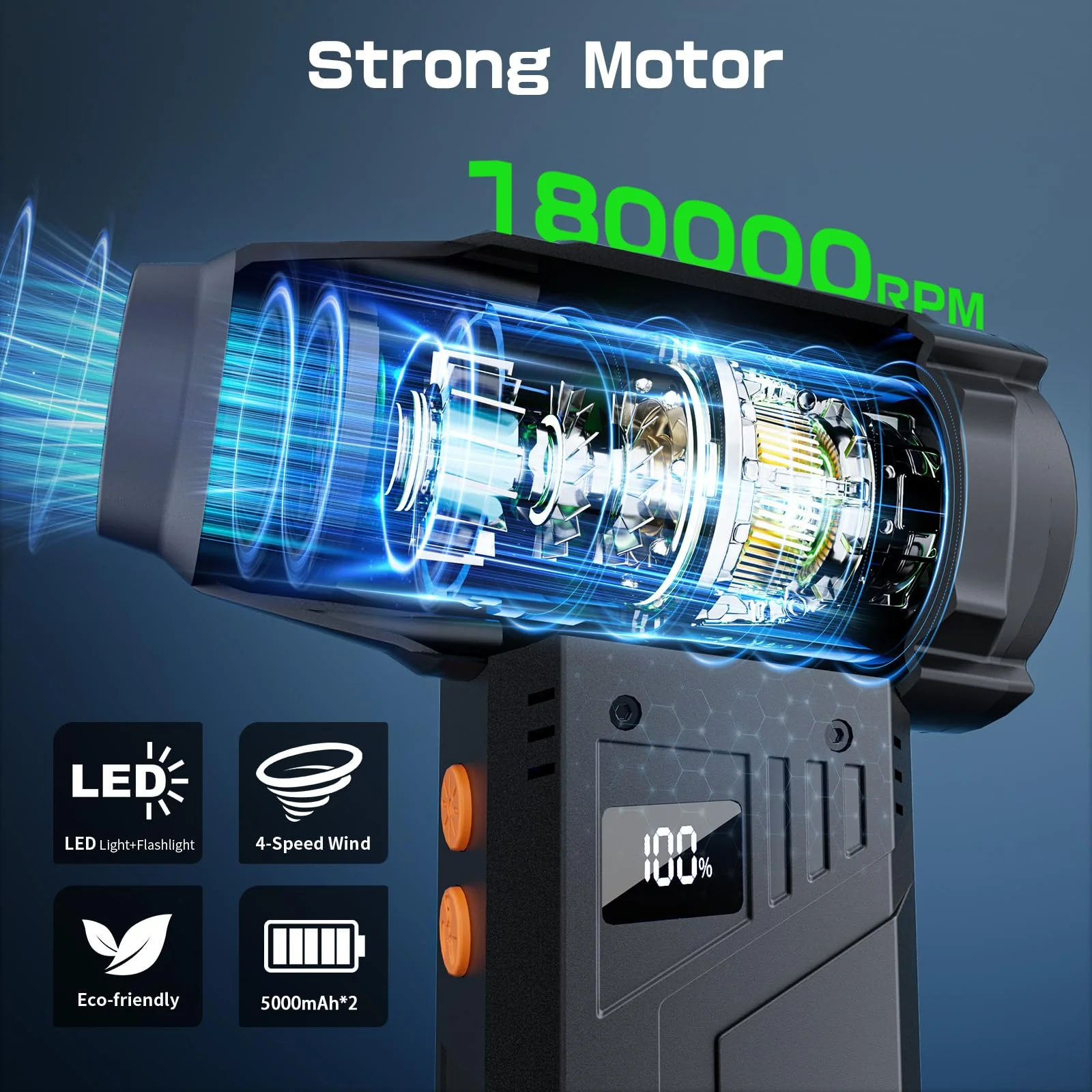 Compressed Air Duster with Flashlight,180000RPM Electric Air Duster,4-Gear with Display High-Speed Electric Duster with Multi-Purpose Nozzles for Computer, Keyboard, Outdoor, House and Car - Image 2