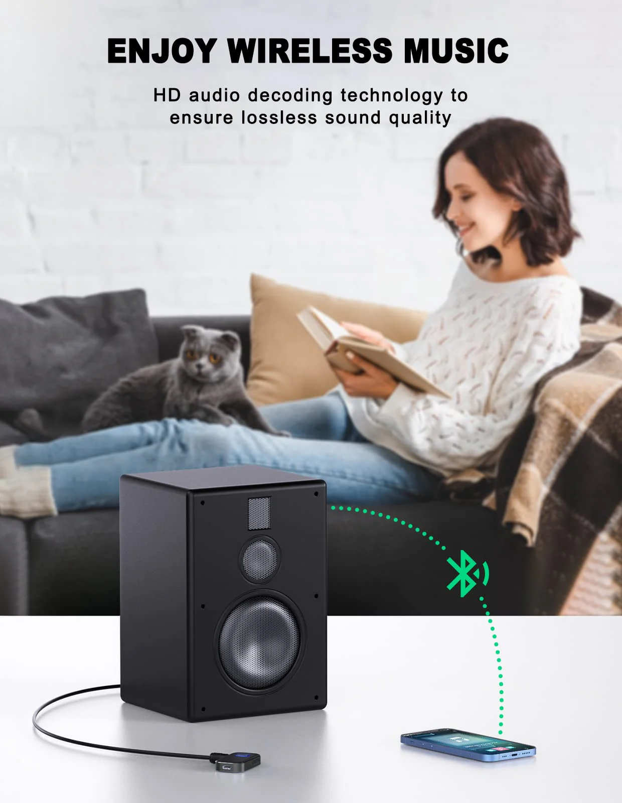 COMSOON Bluetooth AUX Adapter for Car, Noise Reduction Bluetooth Receiver for Music/Hands-Free Calls, Wireless Audio Receiver for Home Stereo/Speaker, 16H Battery Life/Dual Connect (All Black) All Black - Image 4