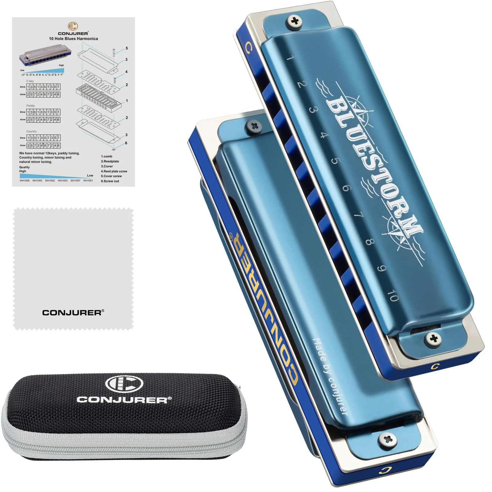 CONJURER Blues Harmonica for Adult 10 Hole Diatonic Harmonica in C Key for Beginners Professionals Phosphor Bronze Reeds Brass Deluxe Mouth Organ with Case, Key of C Blue 10-hole blues (Bluestorm) C key Blue (Satin)