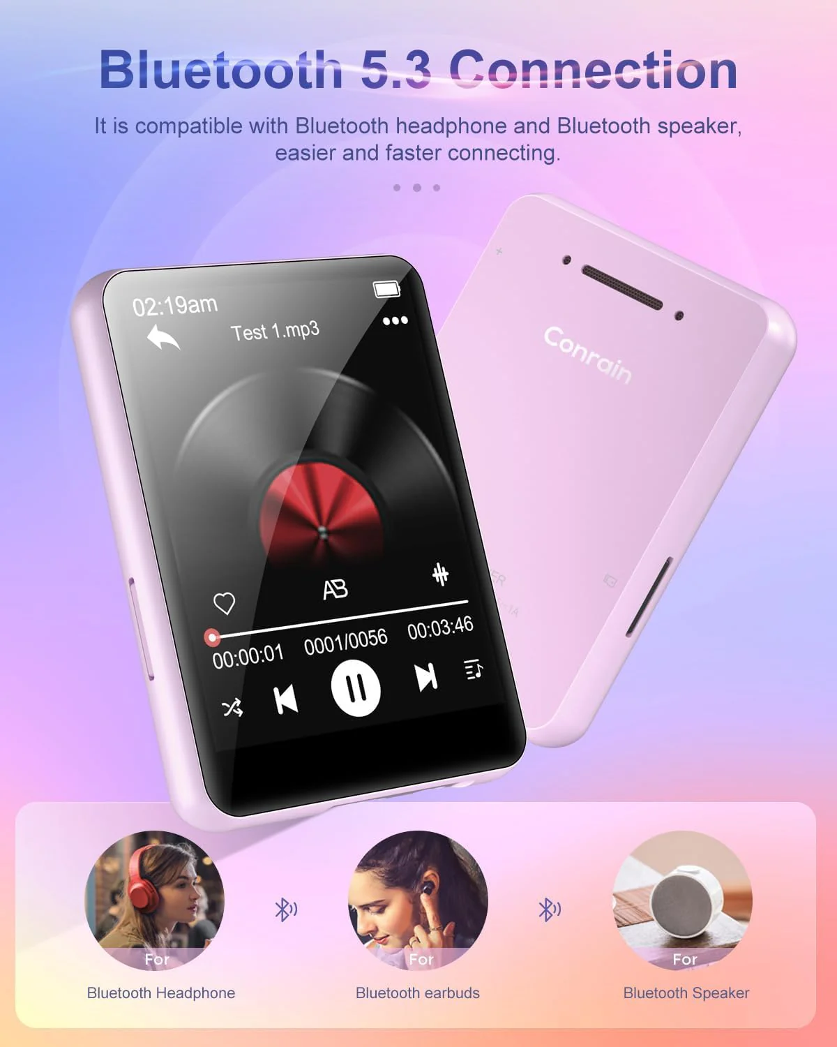 Conrain 64GB MP3 Player with Bluetooth 5.3, Portable Digital Lossless Music Player with Built-in Speaker, 2.4 in Full Touch Screen, FM Radio, Voice Recorder, Earphones Included, Surppot up to 128GB 2.4inch - Image 4