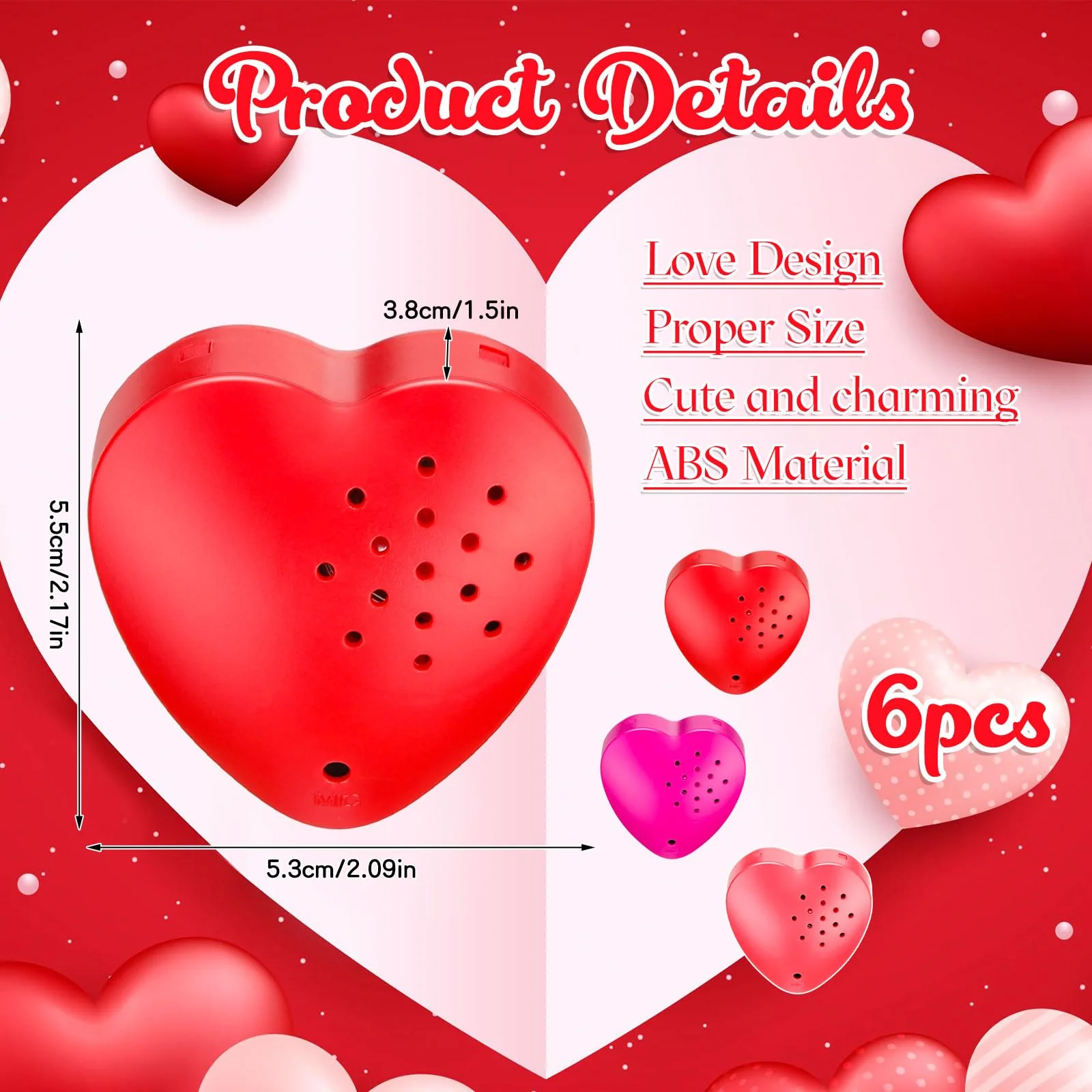 Copkim 6 Pcs 20 Seconds Valentine's Voice Recorder for Stuffed Animal Heart Shape Sound Recorder Push Button Recordable Device Sound Module for Gift Recording Voice Message(Red, Rose Red, Pink) Red, Rose Red, Pink - Image 2