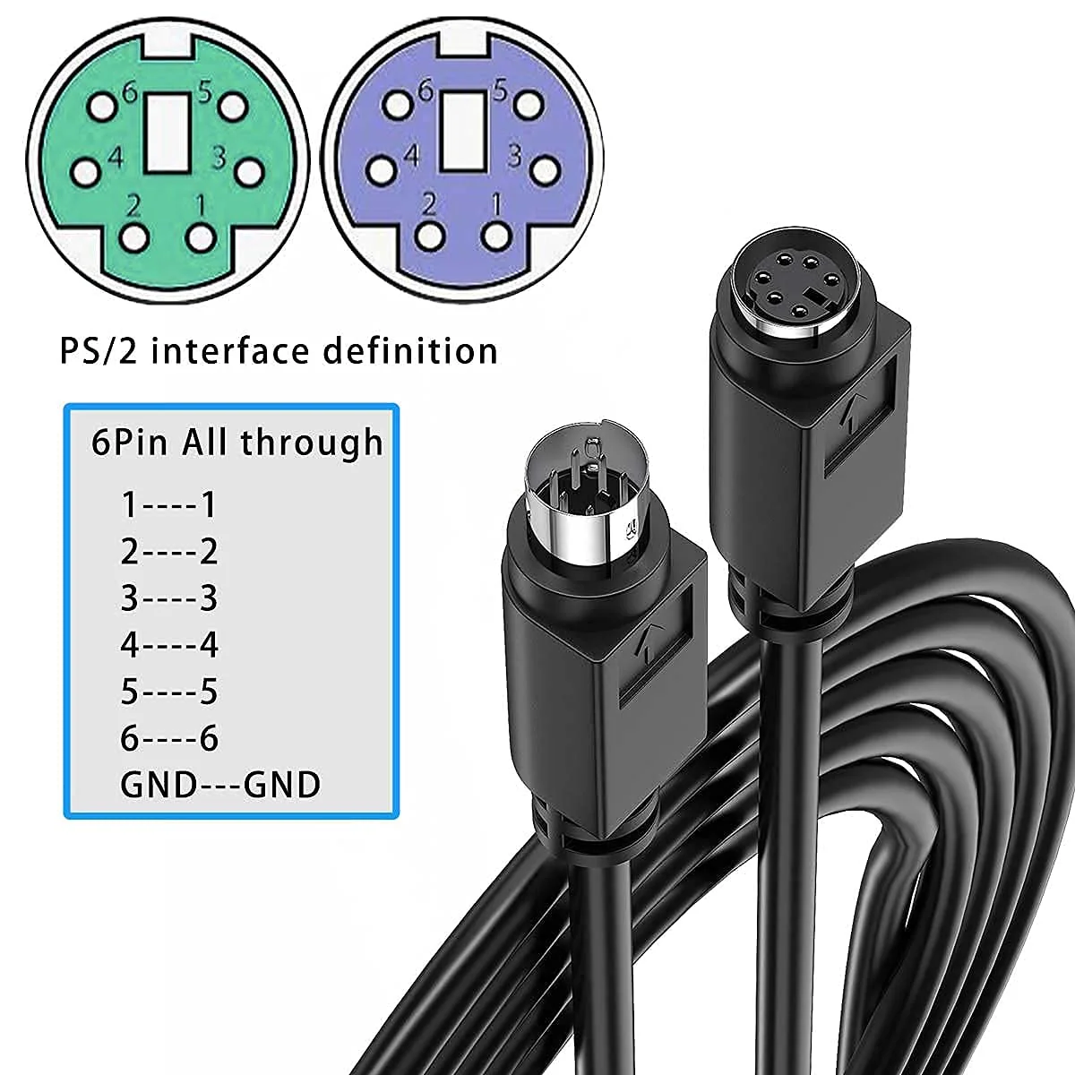 Copper Wires PS/2 Extension Cable, Mini Din 6pin Male to Female Cable for Computer PC Keyboard/Mouse/KVM & More 6ft（ M/F 2M） - Image 3
