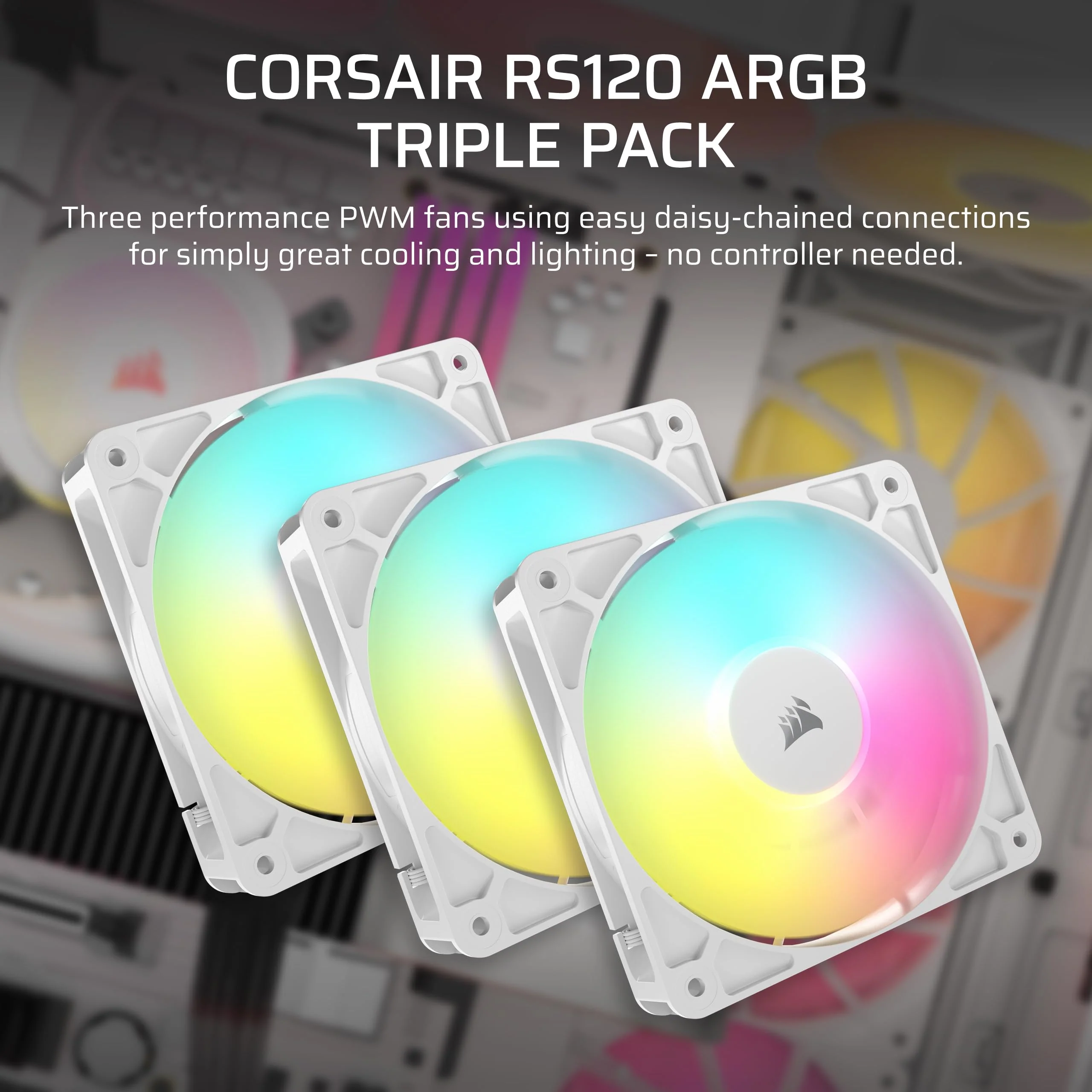 CORSAIR RS120 ARGB 120mm PWM Fans – Daisy-Chain Connection – Low-Noise – Magnetic Dome Bearing – Triple Pack – White 3 x 120mm - Image 2