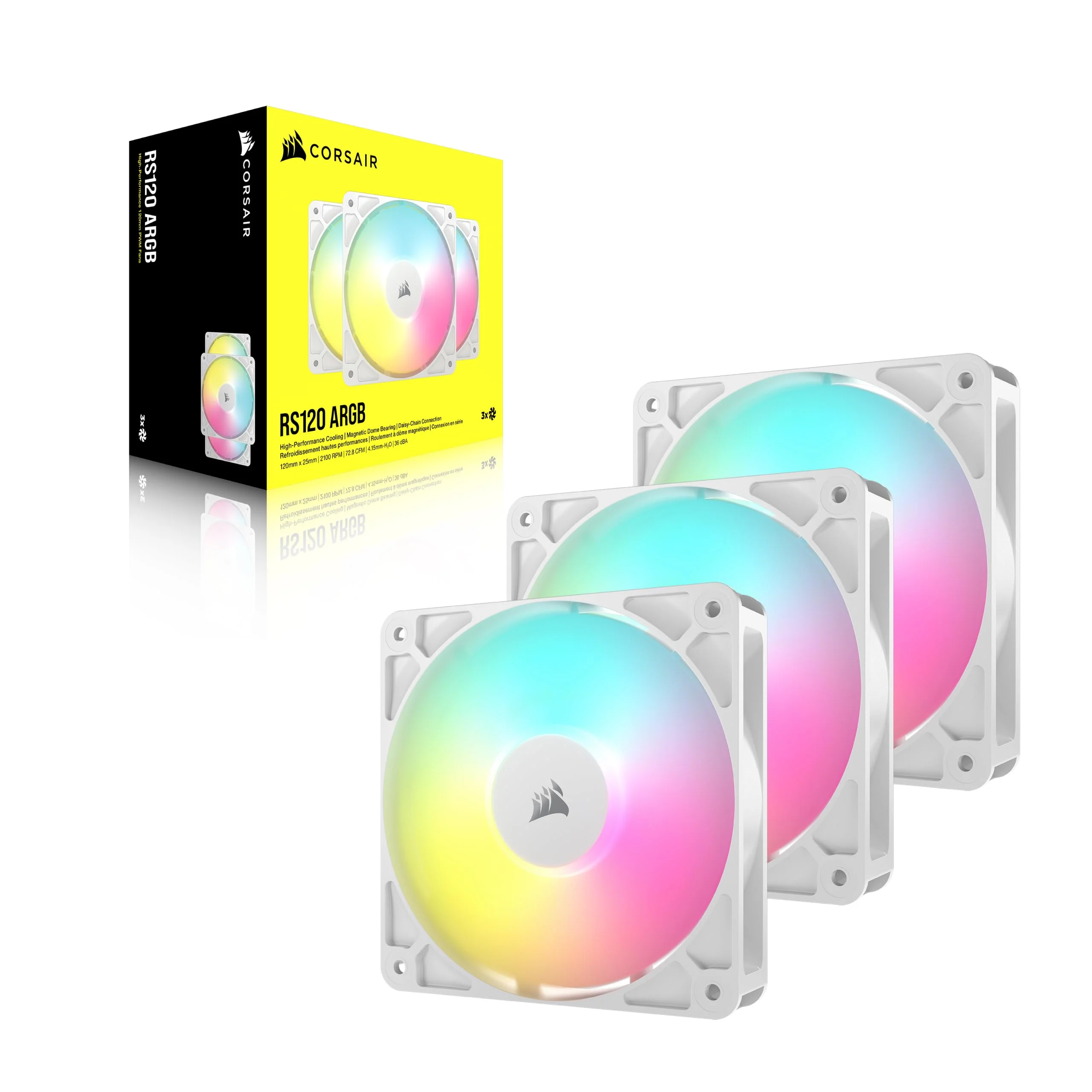 CORSAIR RS120 ARGB 120mm PWM Fans – Daisy-Chain Connection – Low-Noise – Magnetic Dome Bearing – Triple Pack – White 3 x 120mm - Image 8