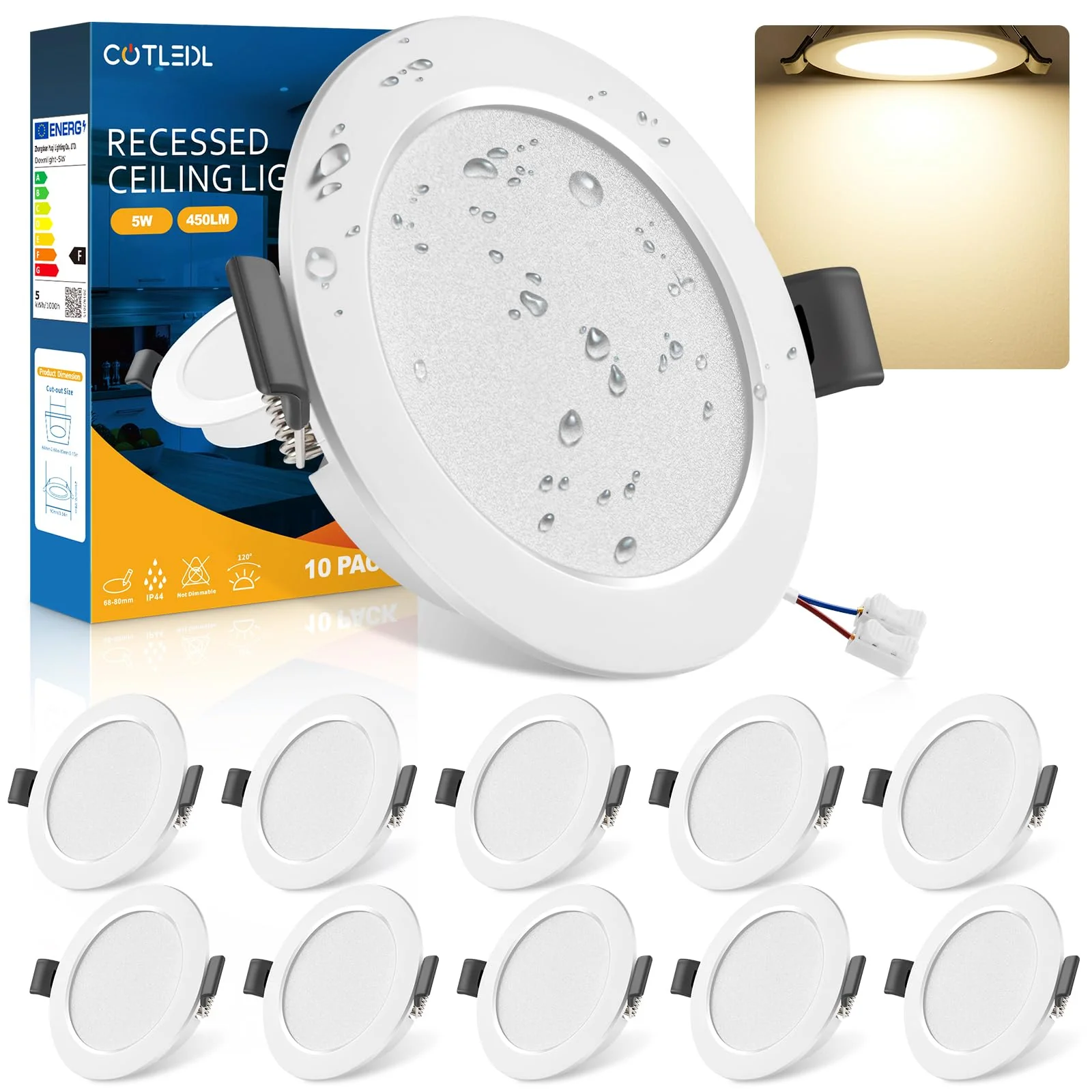 COTLEDL LED Recessed Spotlight, 230 V Flat, 10 LED Spotlights, 5 W, Neutral White, 4000 K, 68-80 mm Hole Size, IP44 Bathroom Recessed Lights, 450 LM Ceiling Spotlights for Bathroom, Living Room Neutral White 4000k Set of 10