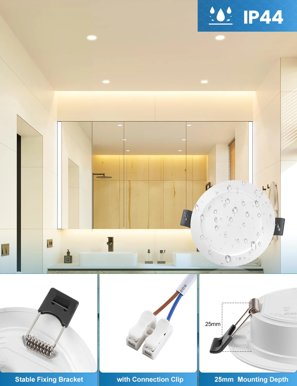 COTLEDL LED Recessed Spotlight, 230 V Flat, 10 LED Spotlights, 5 W, Neutral White, 4000 K, 68-80 mm Hole Size, IP44 Bathroom Recessed Lights, 450 LM Ceiling Spotlights for Bathroom, Living Room Neutral White 4000k Set of 10 - Image 3