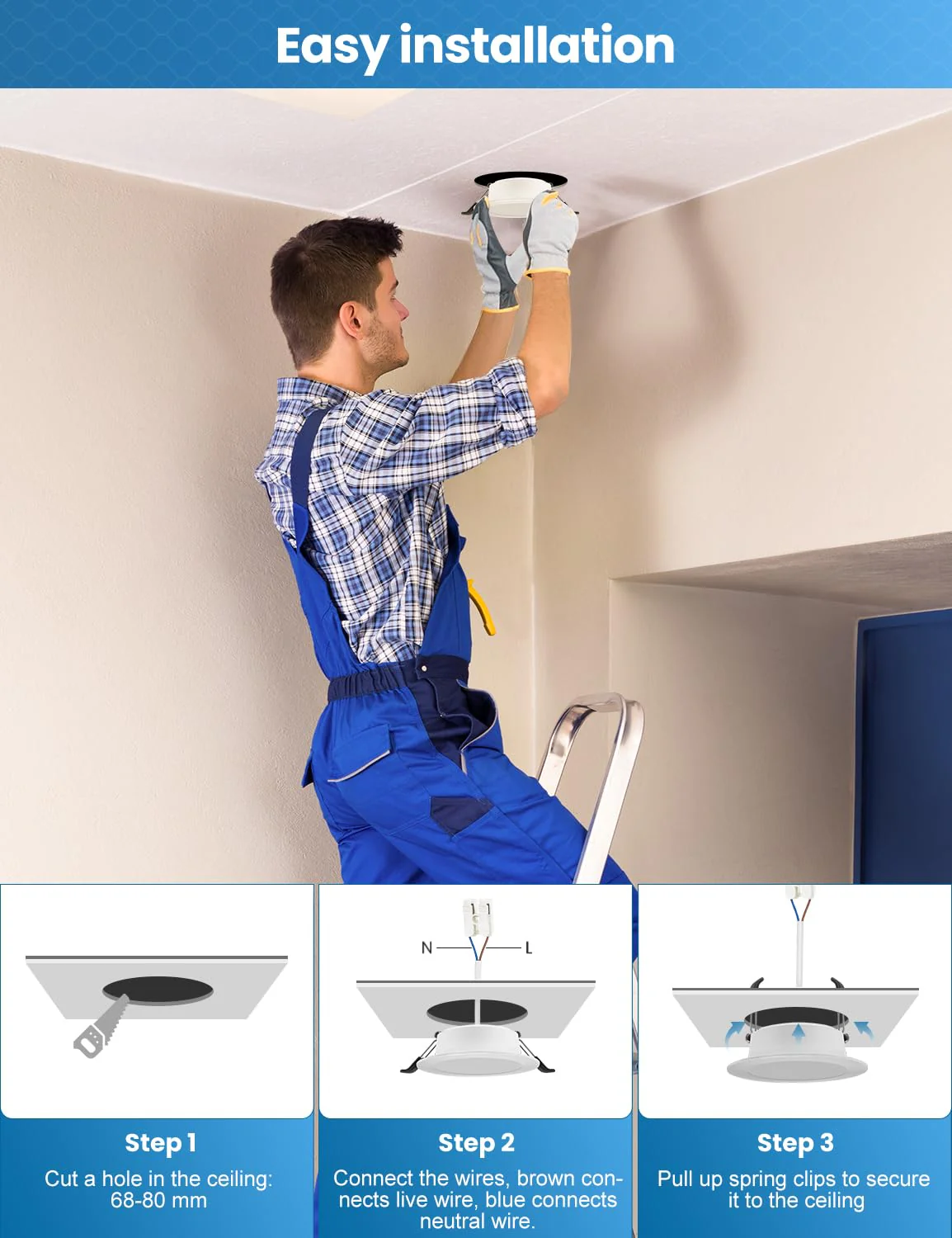 COTLEDL LED Recessed Spotlight, 230 V Flat, 10 LED Spotlights, 5 W, Neutral White, 4000 K, 68-80 mm Hole Size, IP44 Bathroom Recessed Lights, 450 LM Ceiling Spotlights for Bathroom, Living Room Neutral White 4000k Set of 10 - Image 4