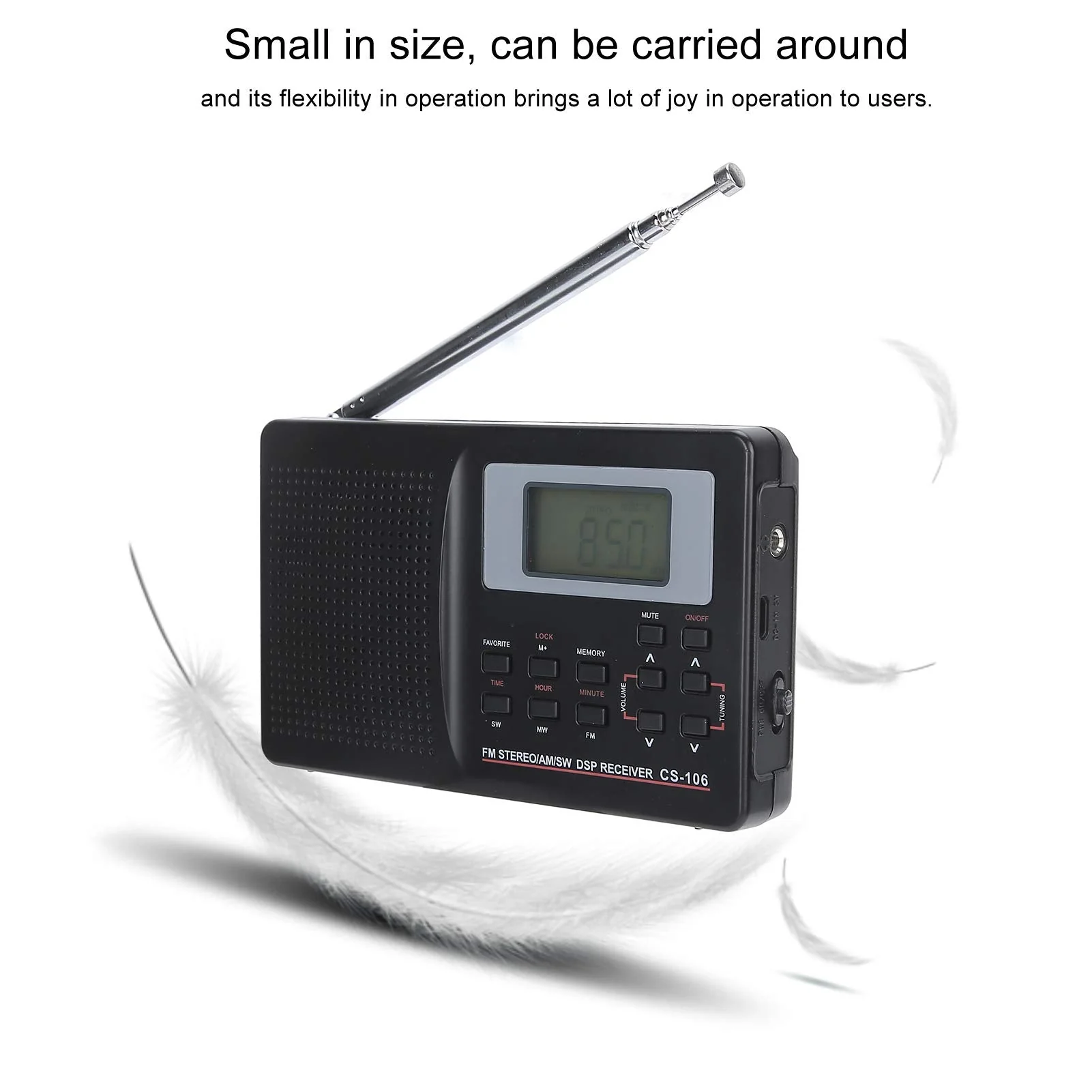 CS-106 Portable Radio - Mini FM/AM/SW/MW/LW/TV Full Band Receiver Radio for Worldwide Broadcasts with 3.5MM Earphone - Black - Image 5