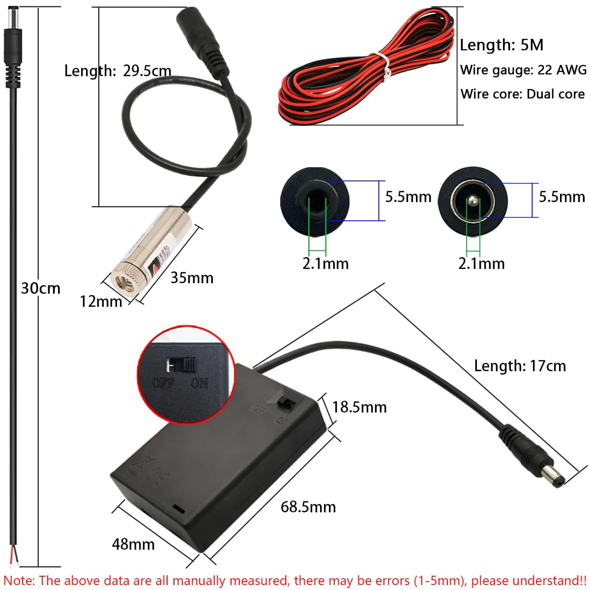 CTRICALVER Laser Module (Light Source Shape: Green Cross) Adjustable Focal Point Kit, 3-5V Industrial Laser Module Diode 2.1mm DC Plug 520nm + Power Supply Kit - Image 2