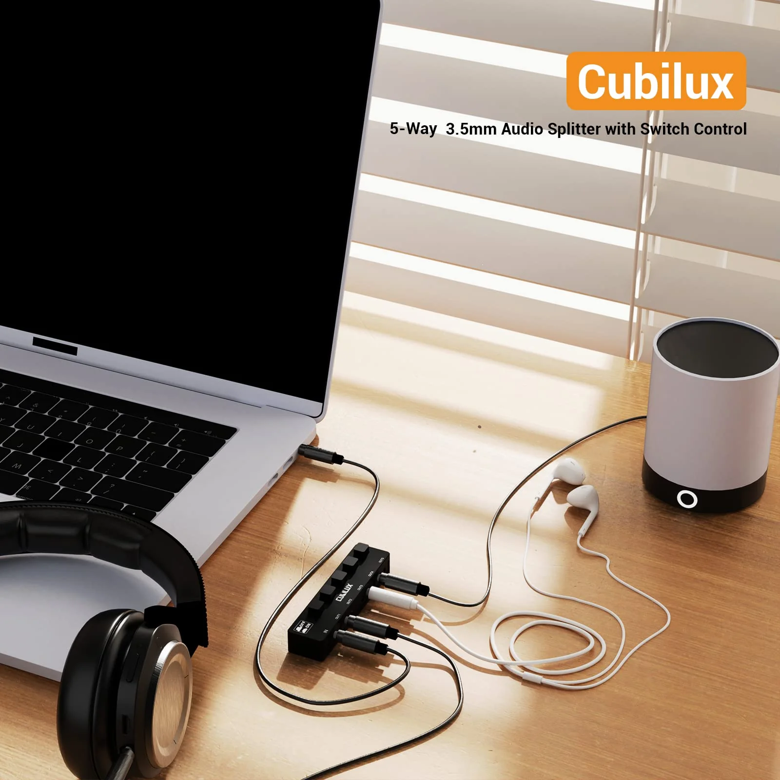 Cubilux 5-Way 3.5mm Headphone Splitter with Switch Control, Aluminum Case 5-Channel 1/8” Stereo Audio Splitter, Multi-Port TRS AUX Share/Split Box/HUB for Speaker Earphones Laptop PC Smartphone Tablet - Image 2