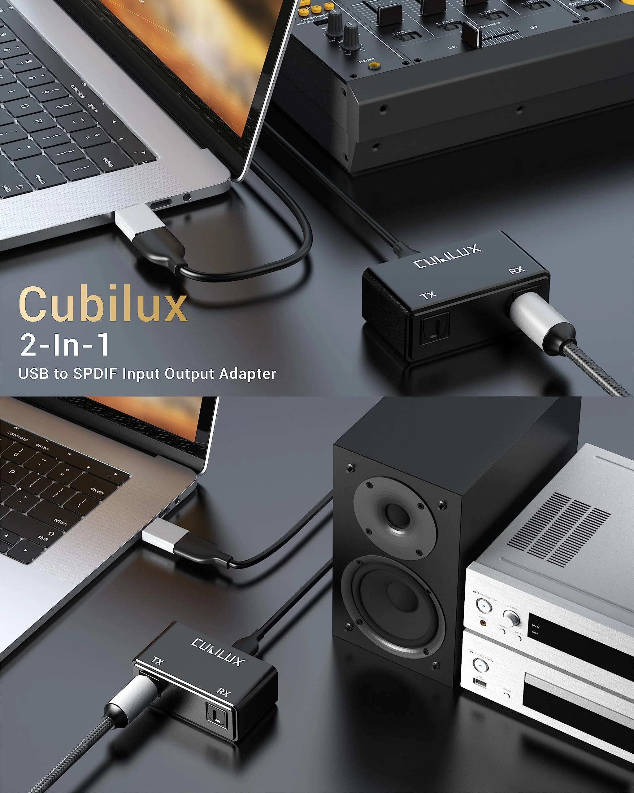 Cubilux UCSTR-B3 USB to SPDIF Input Output Adapter, 2-in-1 USB to TOSLINK Optical Transmitter Receiver Compatible with MacBook, Laptop, Computer, PC, Stereo Sound ONLY, NOT for Phone or Tablet - Image 2