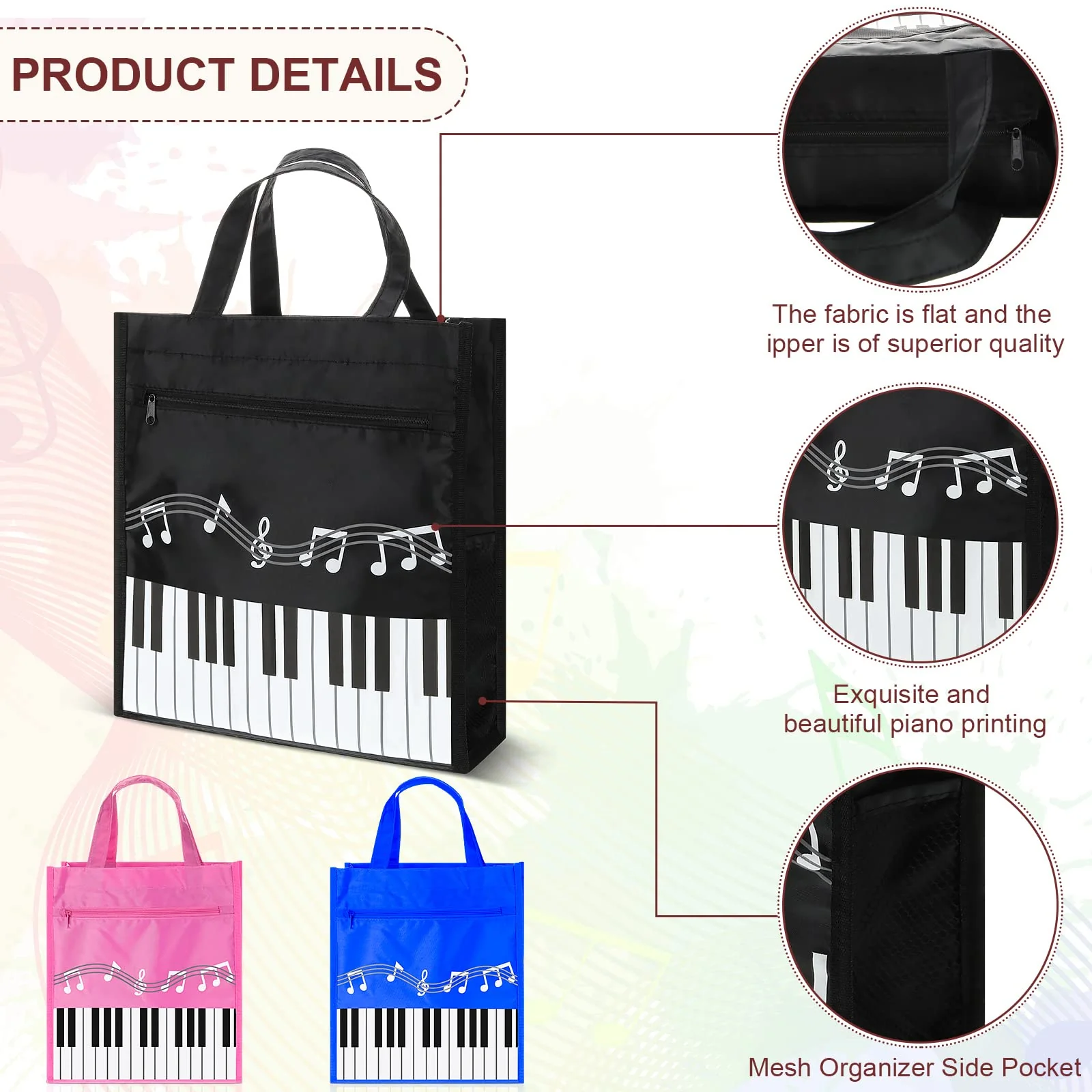 Cunno 3 Pcs Piano Keys Handbag Small Piano Music Bag Reusable Tote Bag Shoulder Shopping Bag Book Bag Tote for Piano Music Teacher Gifts - Image 3