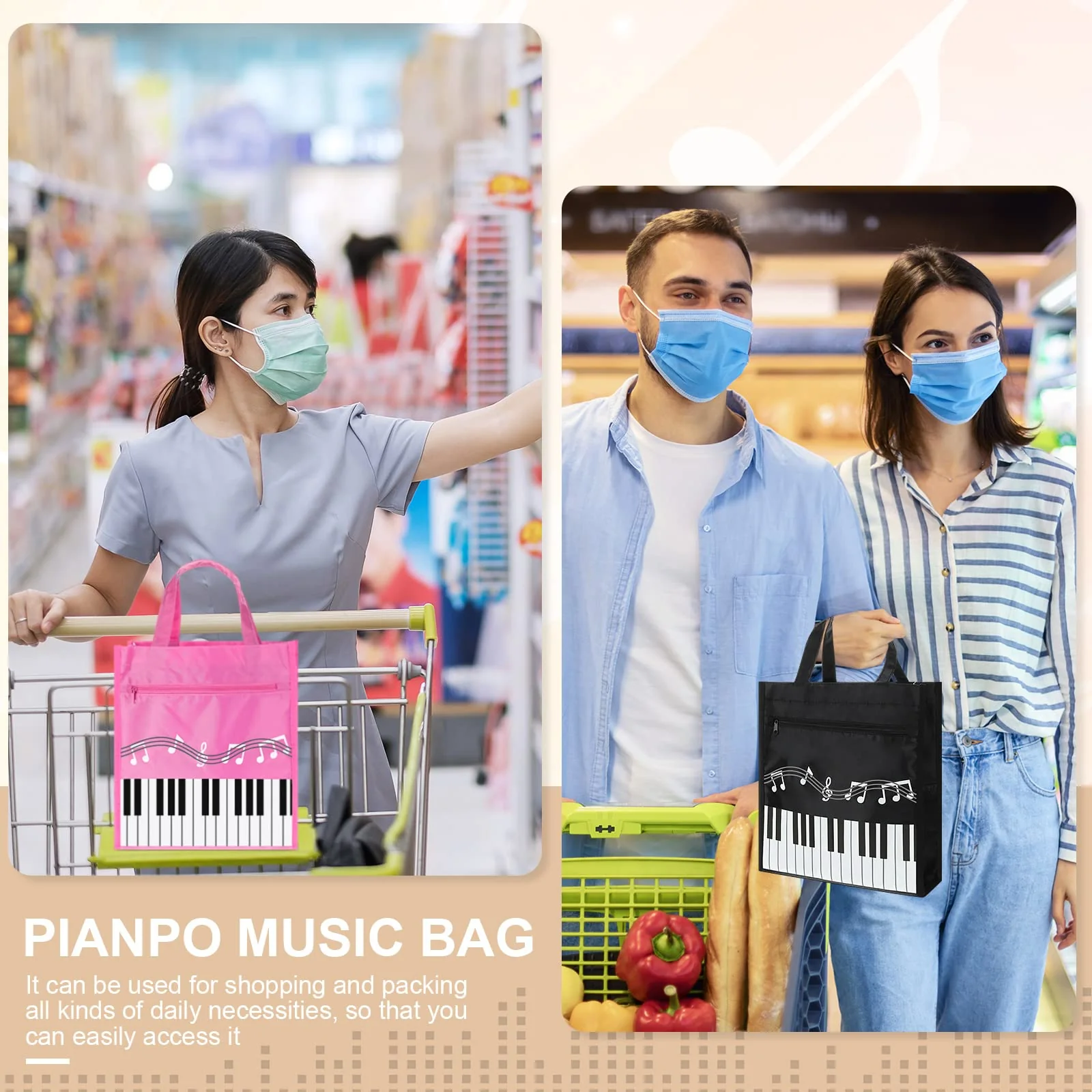 Cunno 3 Pcs Piano Keys Handbag Small Piano Music Bag Reusable Tote Bag Shoulder Shopping Bag Book Bag Tote for Piano Music Teacher Gifts - Image 6
